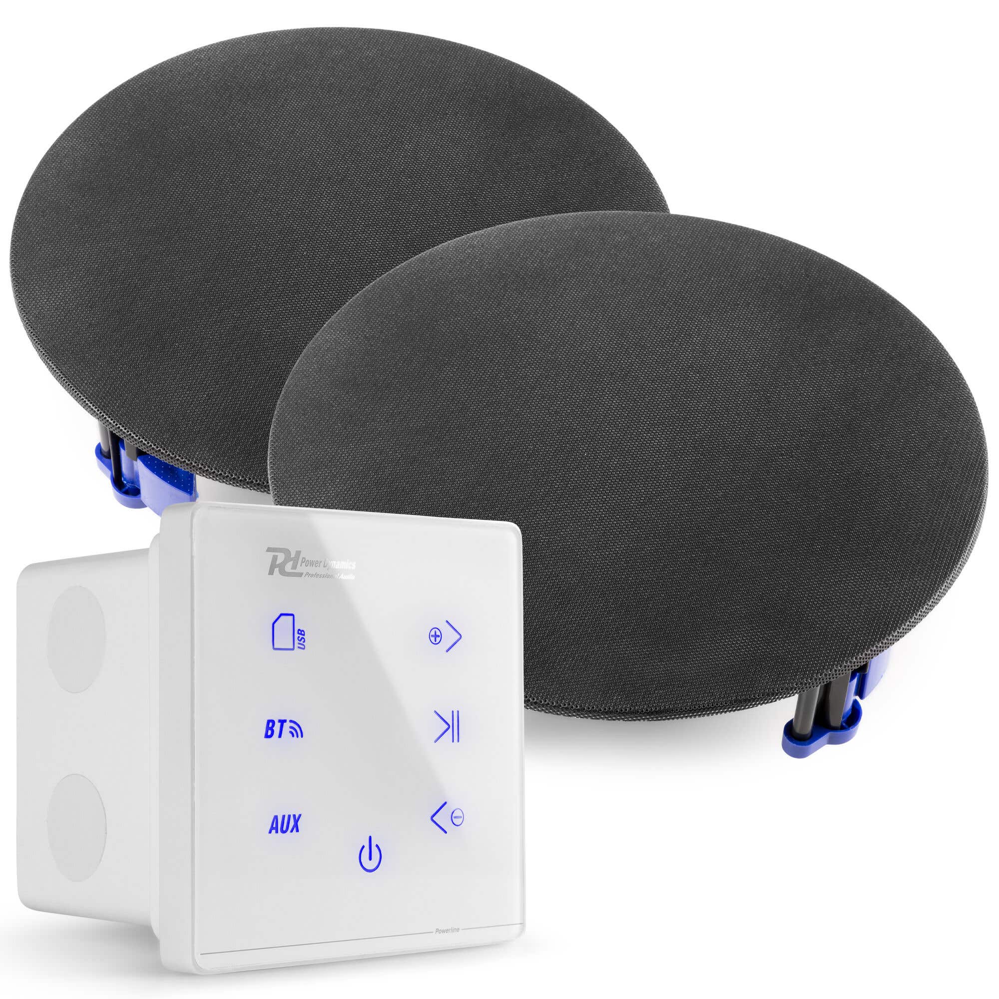 Power Dynamics Powerline A50W Set mit weißem Einbauverstärker und 2 schwarzen Deckenlautsprechern