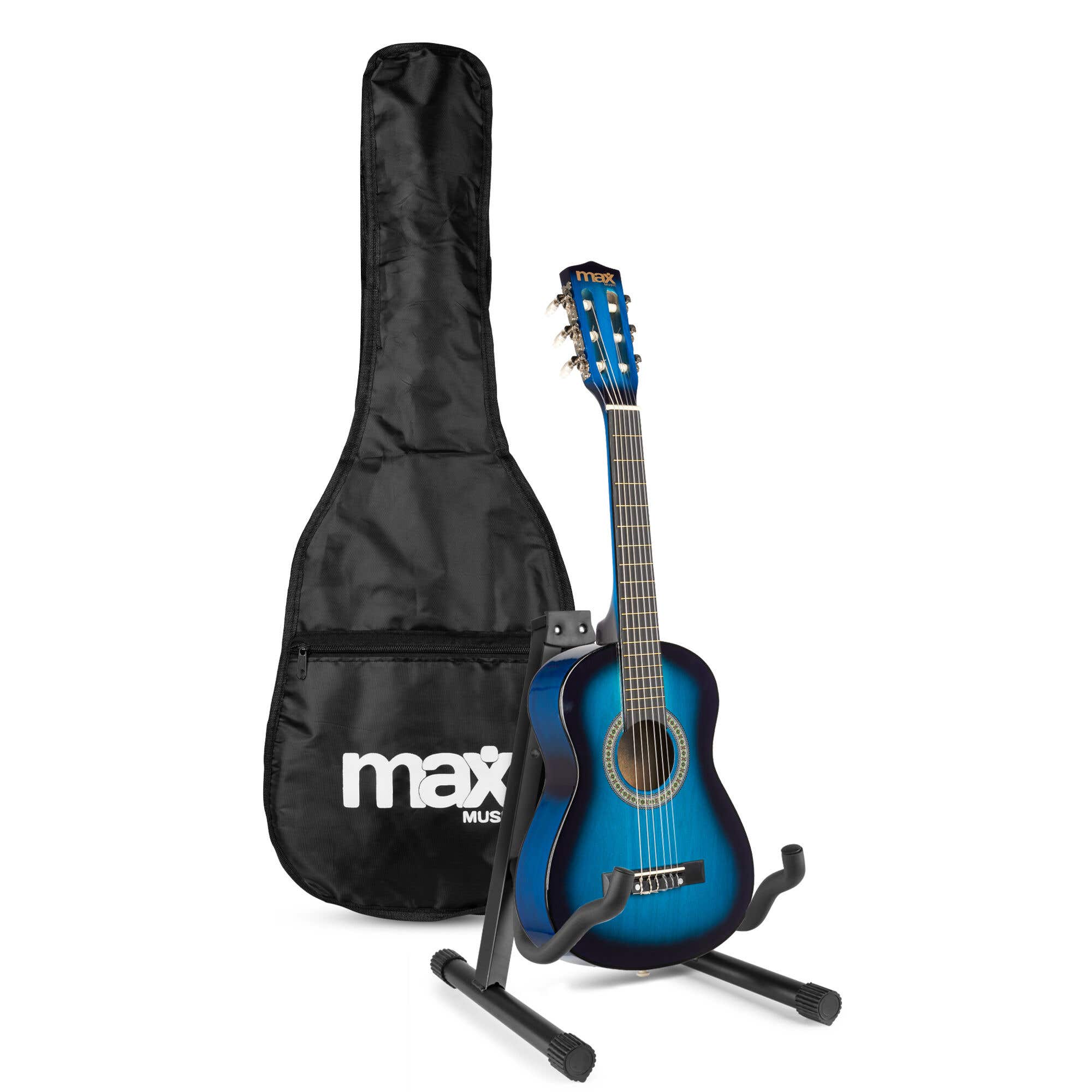 MAX SoloArt Junior 1/4 Starter-Set – Akustische Kindergitarre mit Ständer und Zubehör – Blau