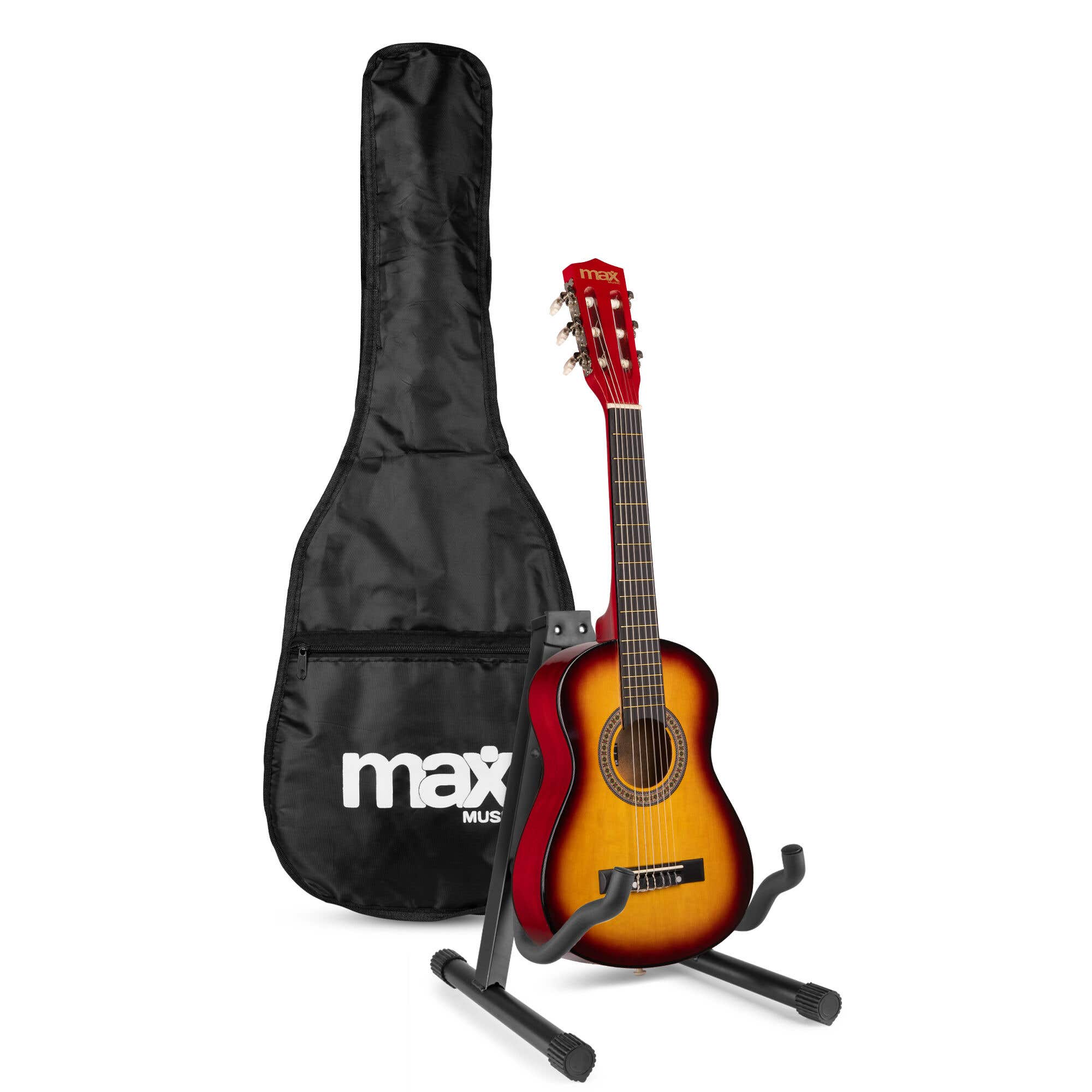 MAX SoloArt Junior 1/4 Starter-Set – Akustische Kindergitarre mit Ständer und Zubehör – Sunburst