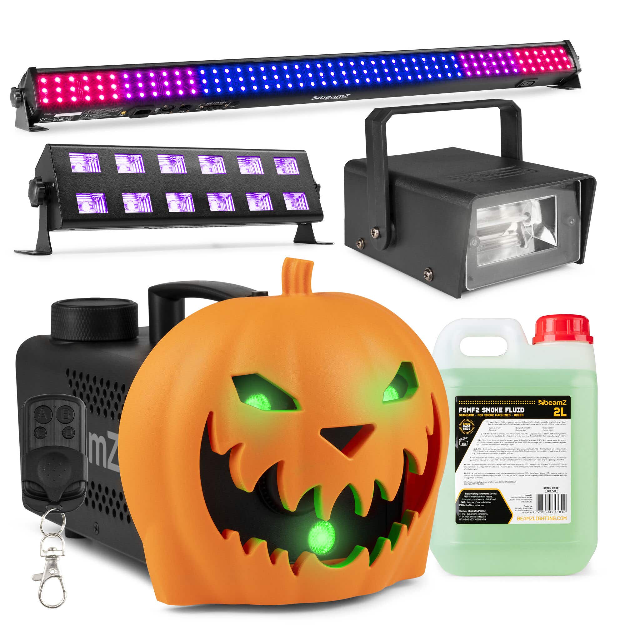 BeamZ Halloween Nebelmaschine Set XL - Kürbiskopf Nebelmaschine - LED Bar, UV-Licht & 2L Nebelfluid
