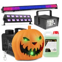 BeamZ Halloween Nebelmaschine Set XL - Kürbiskopf Nebelmaschine - LED Bar, UV-Licht & 2L Nebelfluid