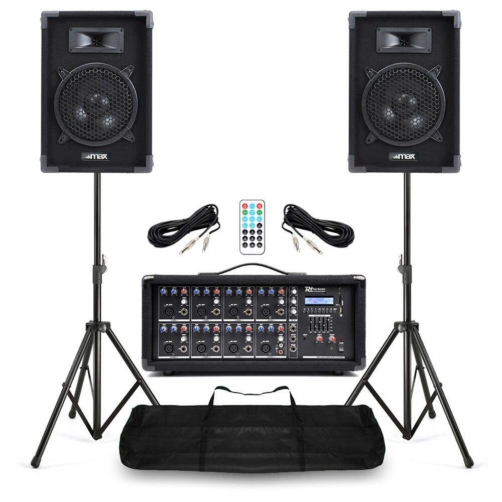 Kleine PA Anlage für Bands Komplett Set – 8 Zoll Lautsprecher – 8 Kanal Mixer & Stative