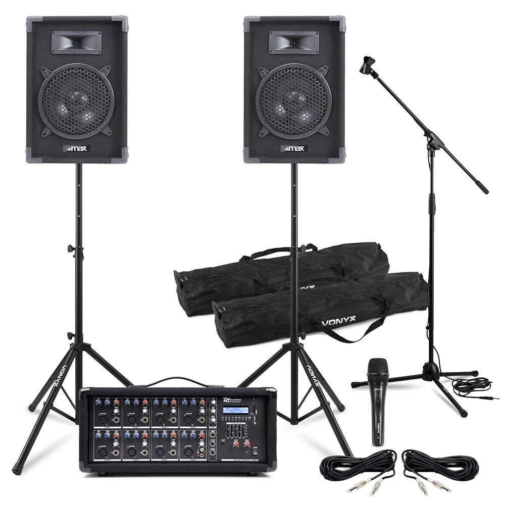 PA Anlage für Bands Komplett Set – 8 Zoll Lautsprecher – 8 Kanal Mixer, Mikrofon & Stativen