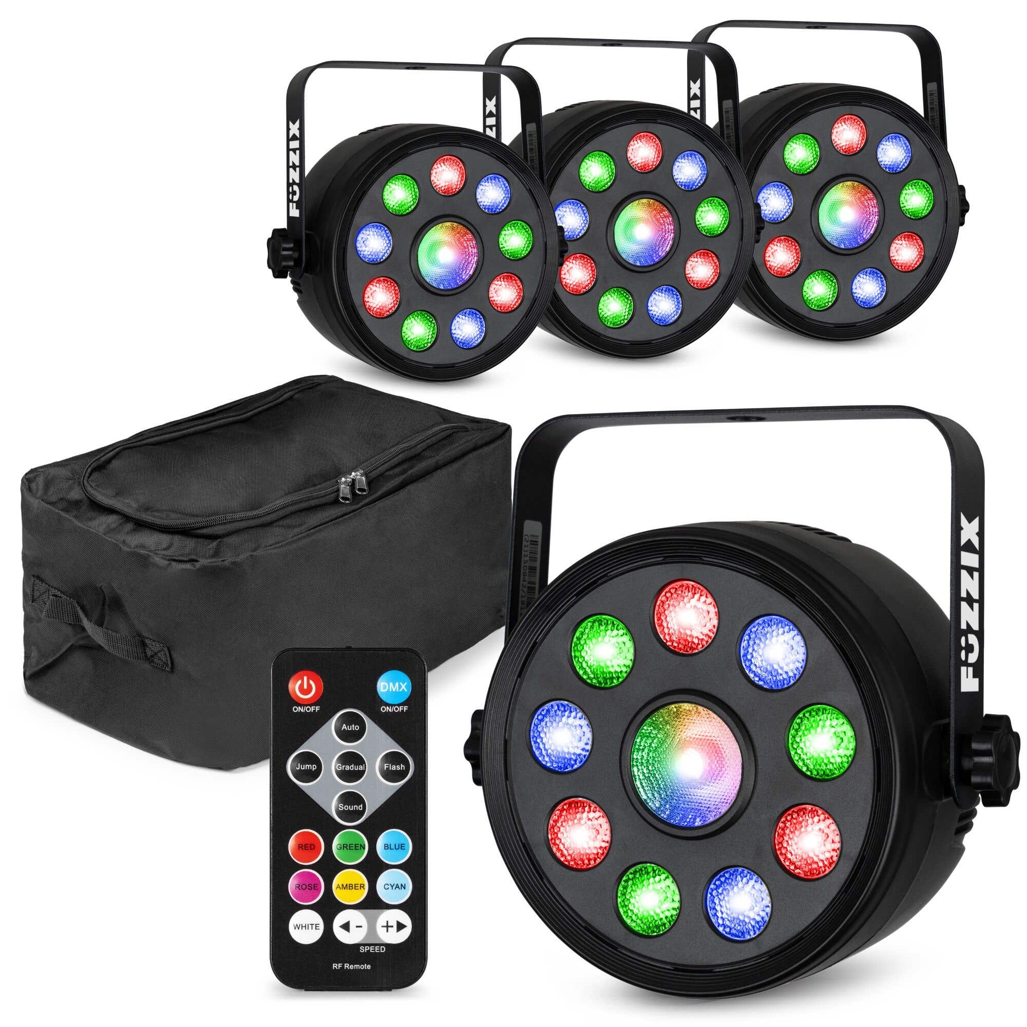 Fuzzix Party LED Par 4er Set PLF15 im Flightbag - 9x 2W RGB & 6W Zentral LED - DMX
