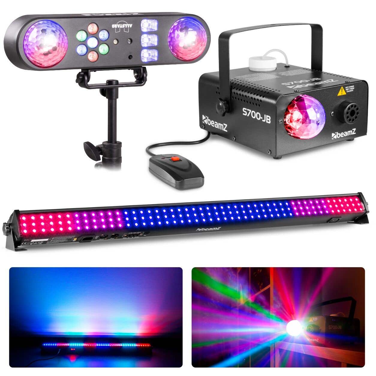 BeamZ Party Licht Set - Discolampe auf Stativ, LED Bar und Nebelmaschine mit Jelly Ball - RGB
