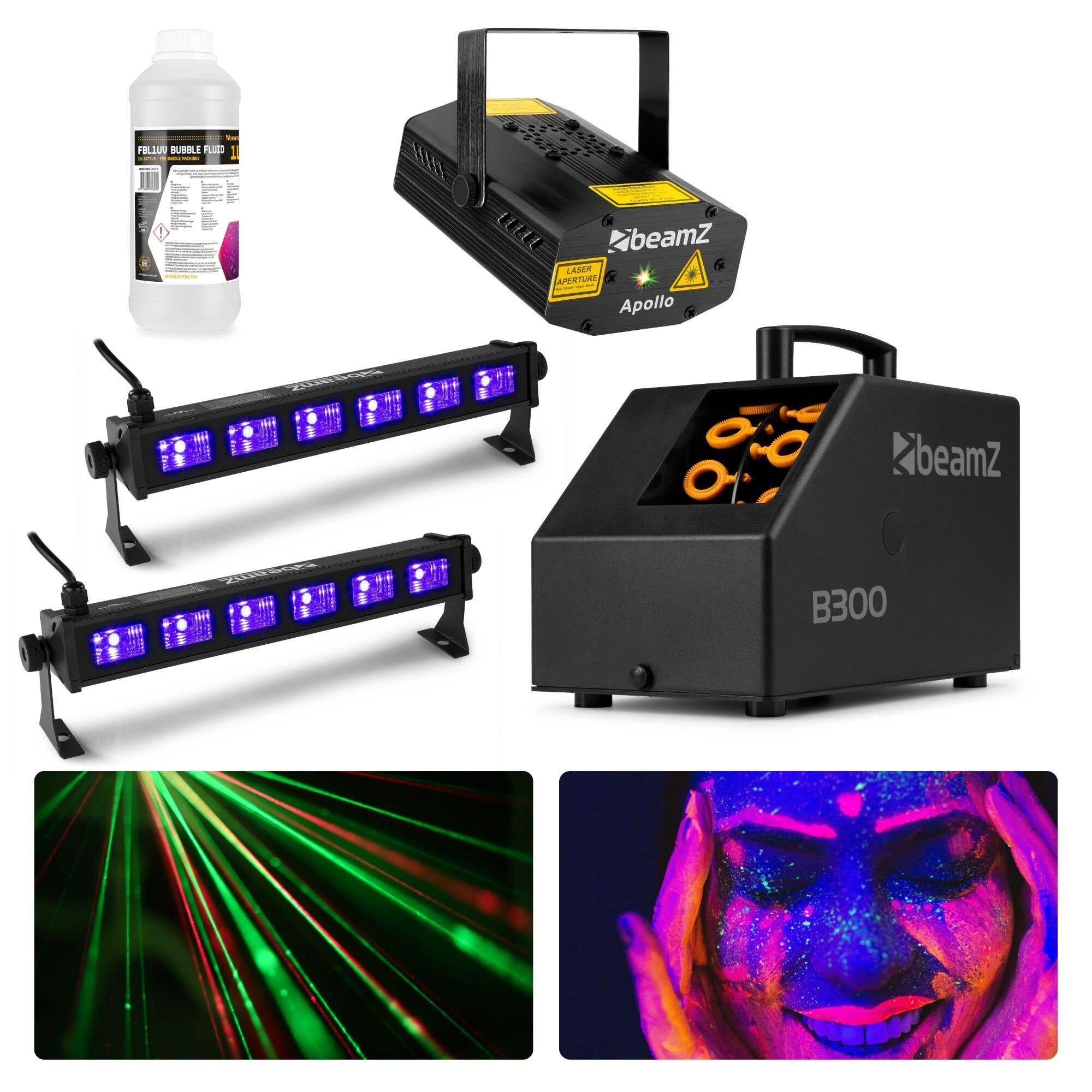 BeamZ Neon Partyset - Apollo Party Laser, 2x UV-Bar & B300 Seifenblasenmaschine - Starterset