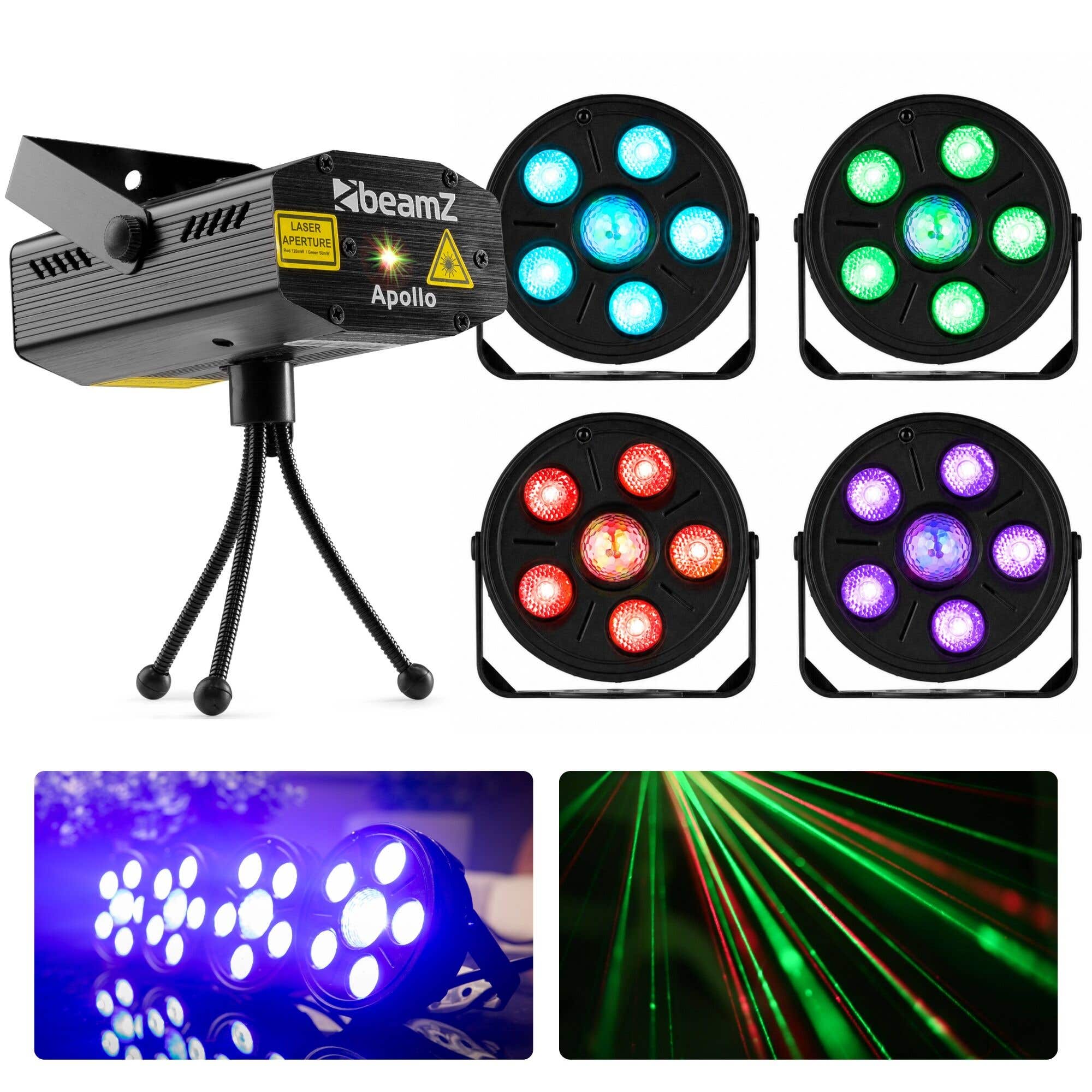 BeamZ Hausparty Partyset - Mit 4 Discolampen und RGB Laser - Discolichter für Kindergeburtstage