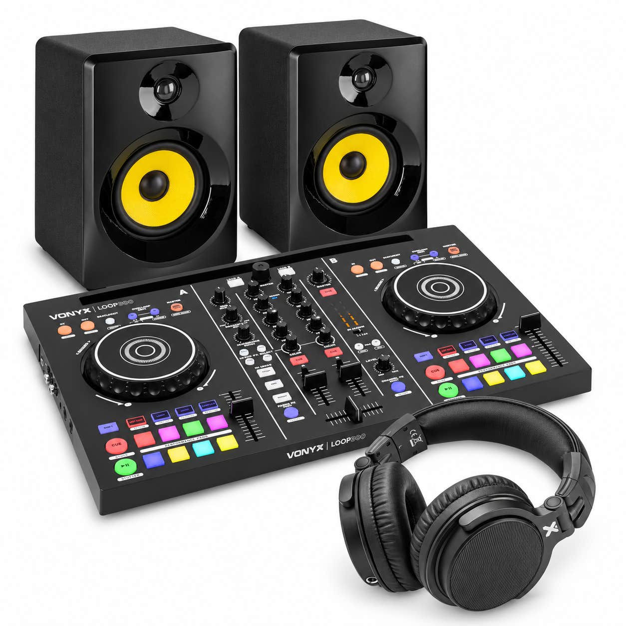 Vonyx Loop300 DJ Controller - Set mit Studiomonitoren und DJ Kopfhörer - Virtual DJ LE