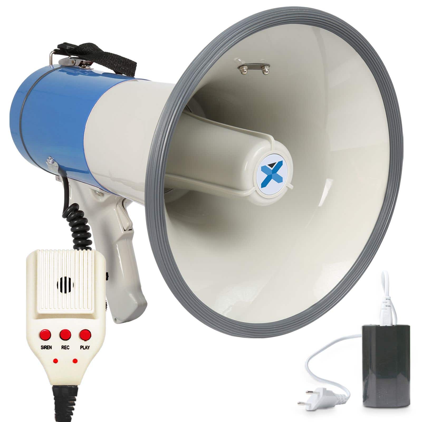 B-Ware - Vonyx MEG065 Megaphon mit Sirene, Aufnahmefunktion, USB/SD 65 Watt - blau-weiß