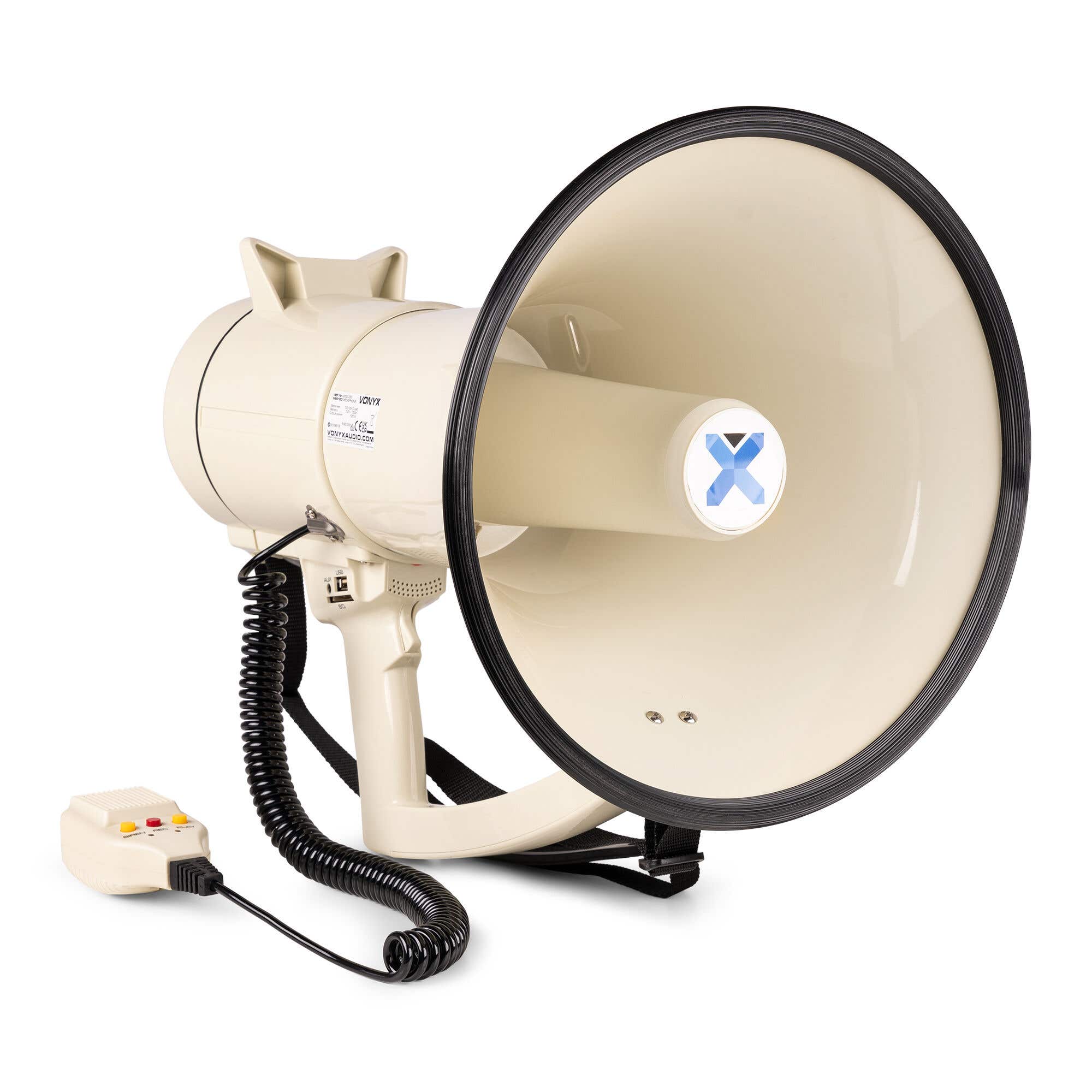 Vonyx MEG120 Megaphon Pro – 120 W Leistungsstarkes Megafon – mit Sirene und abnehmbarem Mikrofon – Beige