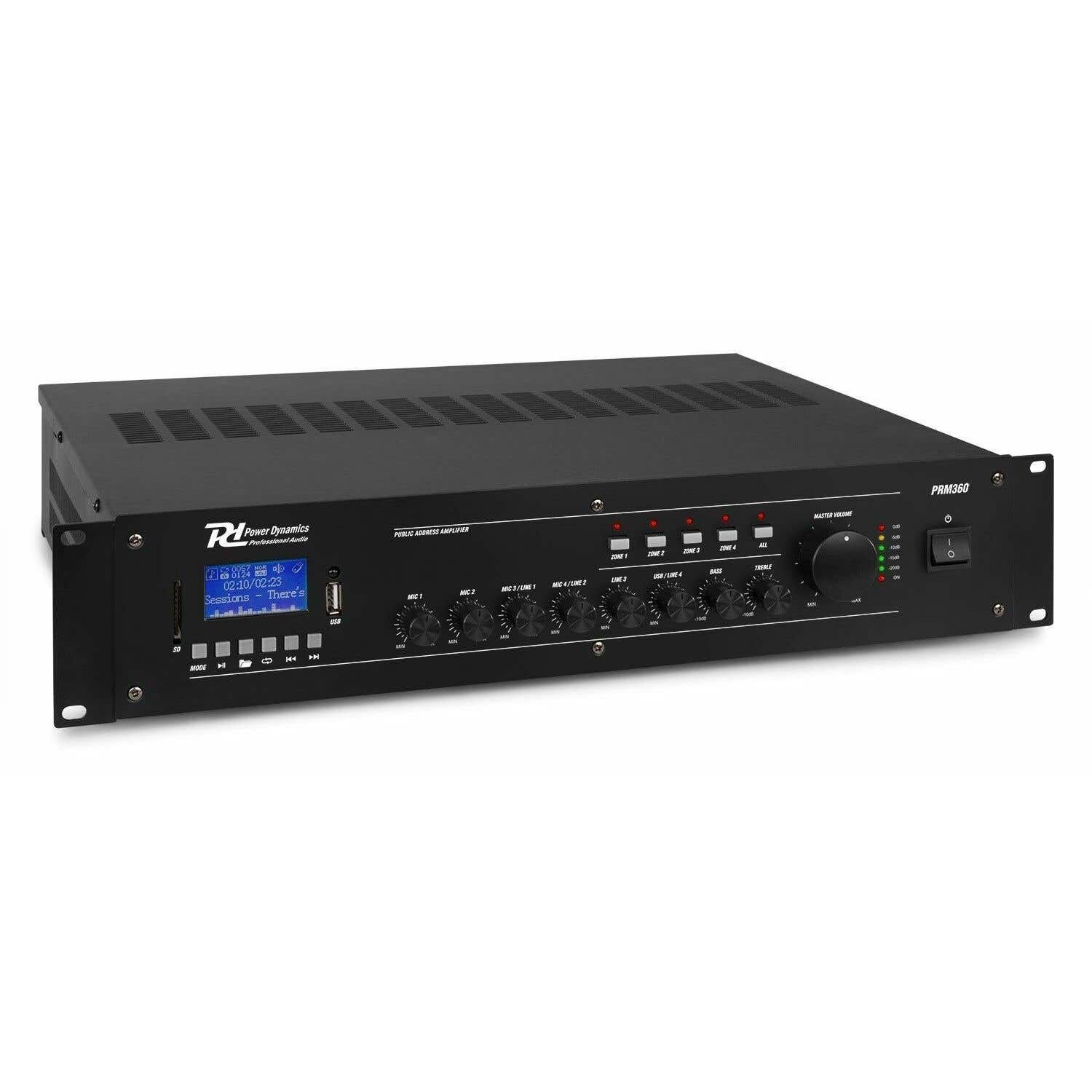 Power Dynamics PRM360 (100 Volt) 4-Zonen-Verstärker (360 Watt) mit u. a. Bluetooth und MP3-Player