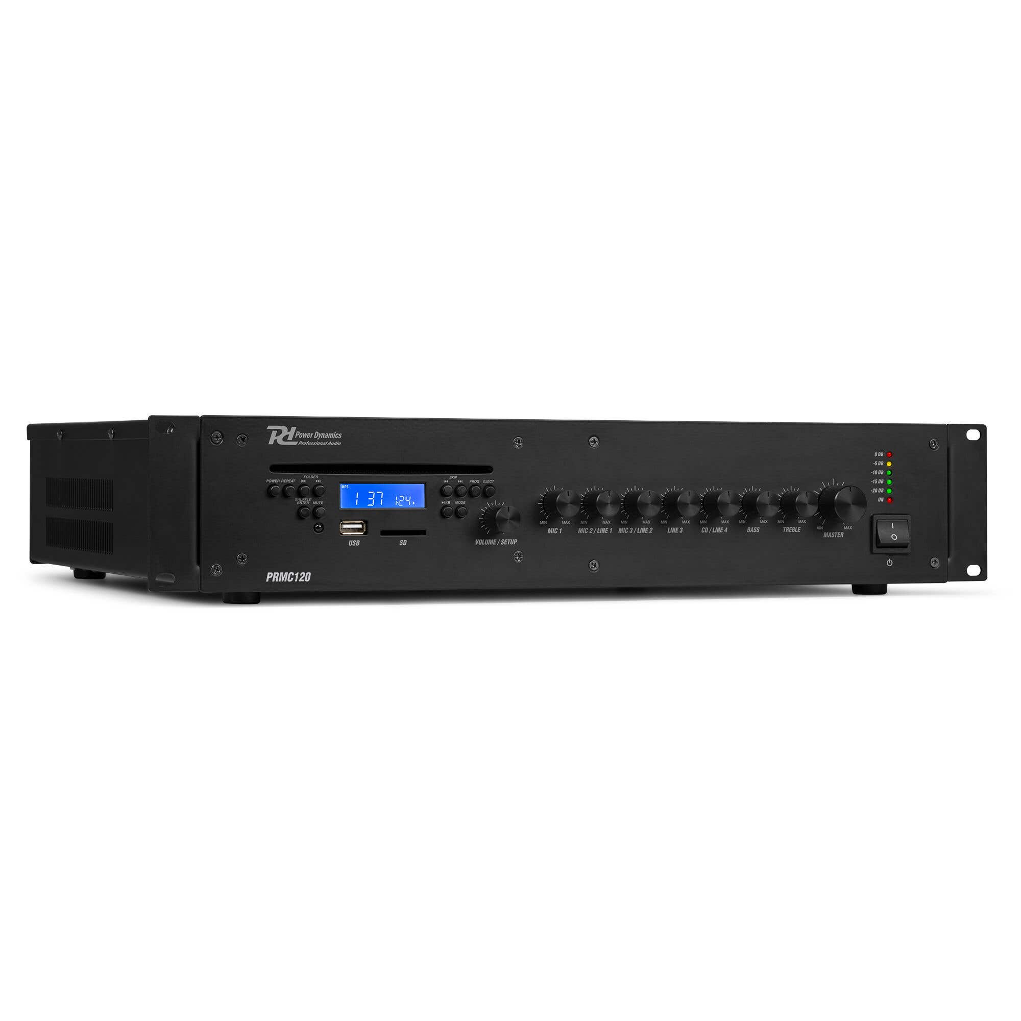 Power Dynamics PRC120 100 V Verstärker mit CD-Player - Mit Bluetooth und MP3 - 120 W - 8 Ohm
