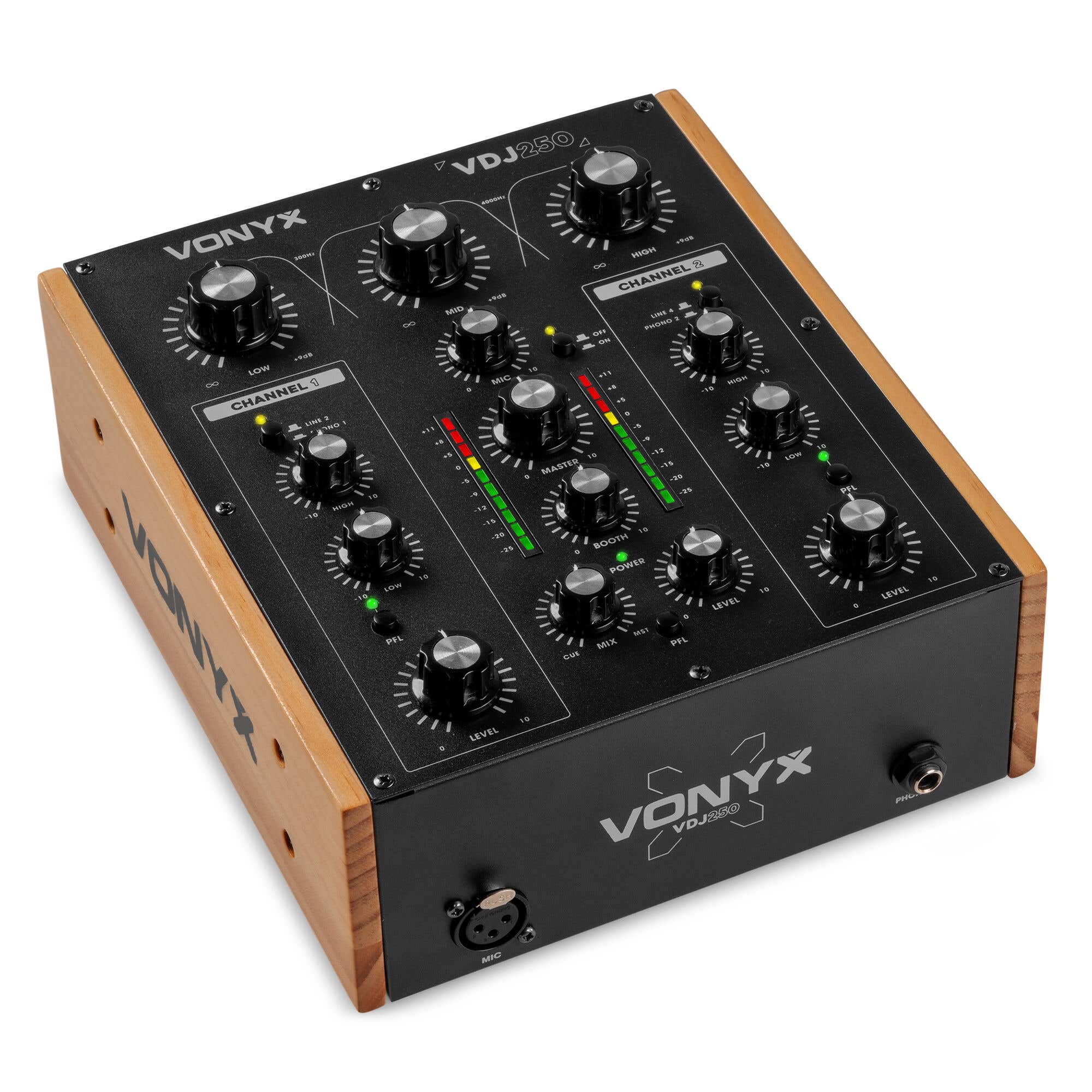 Vonyx VDJ250 DJ Mixer – 2 Kanal Analog Mischpult – 2-Band EQ – Schwarz/Holzoptik