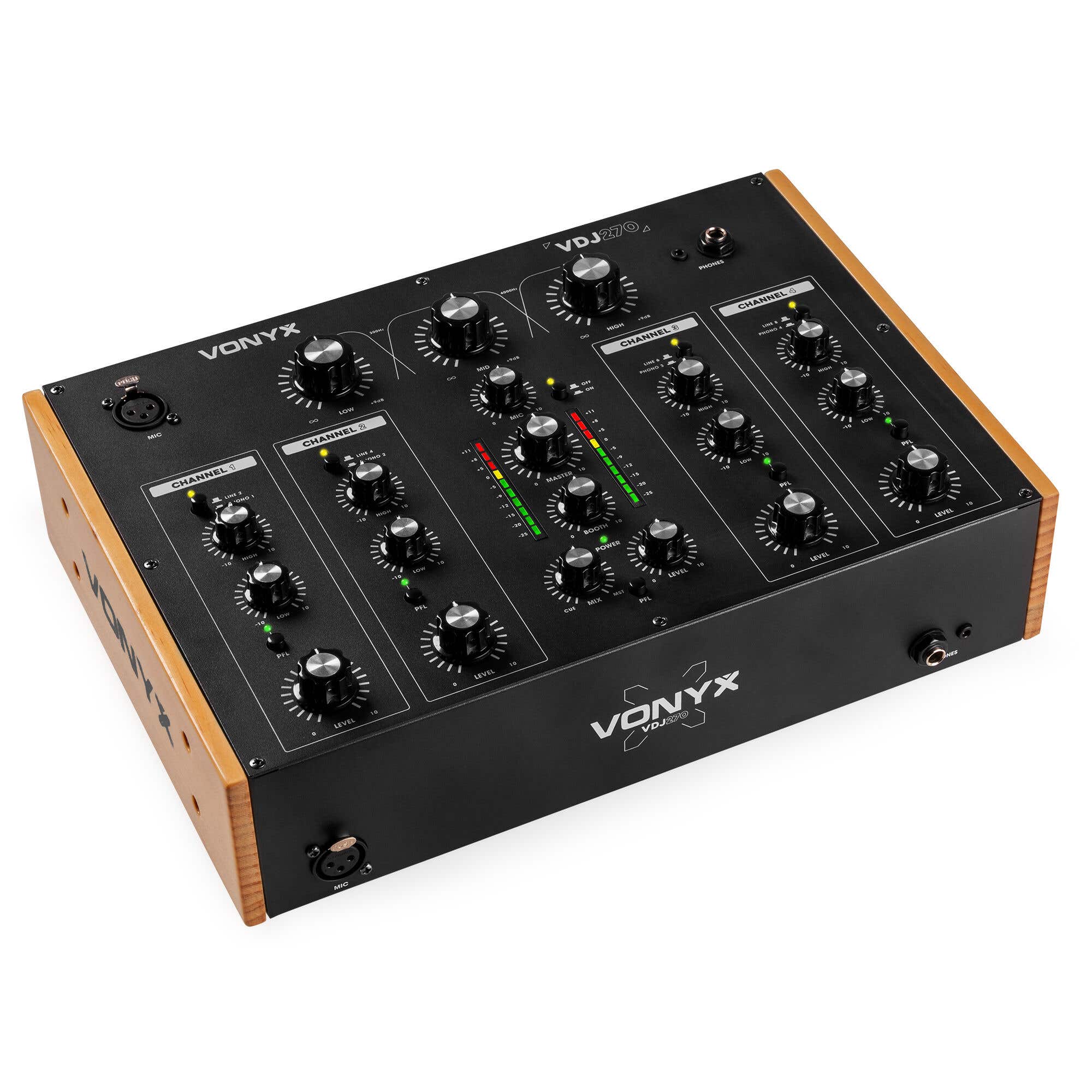 Vonyx VDJ270 DJ Mixer – 4 Kanal Analog Mischpult – 2-Band EQ – Schwarz/Holzoptik