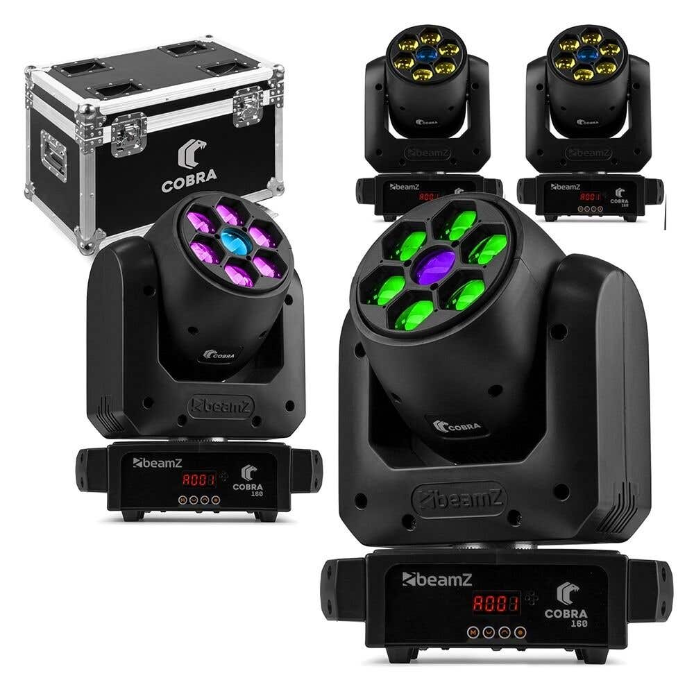 BeamZ Cobra 160 LED Spot Moving Head Set – 4er Set mit Flightcase – Spot Moving Heads – RGBW