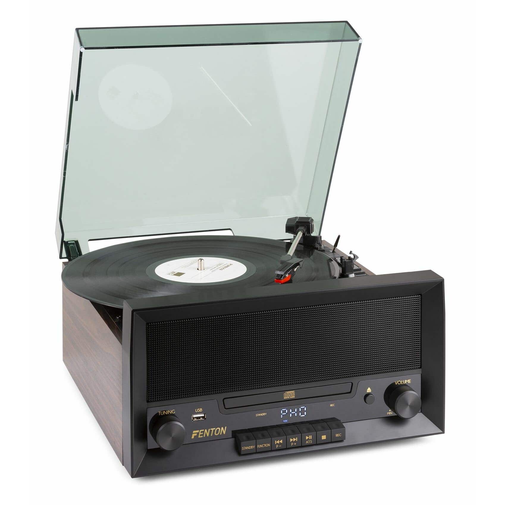 Fenton RP135W Plattenspieler mit Bluetooth, CD- und USB-MP3-Player im 60er-Jahre-Stil – Holz