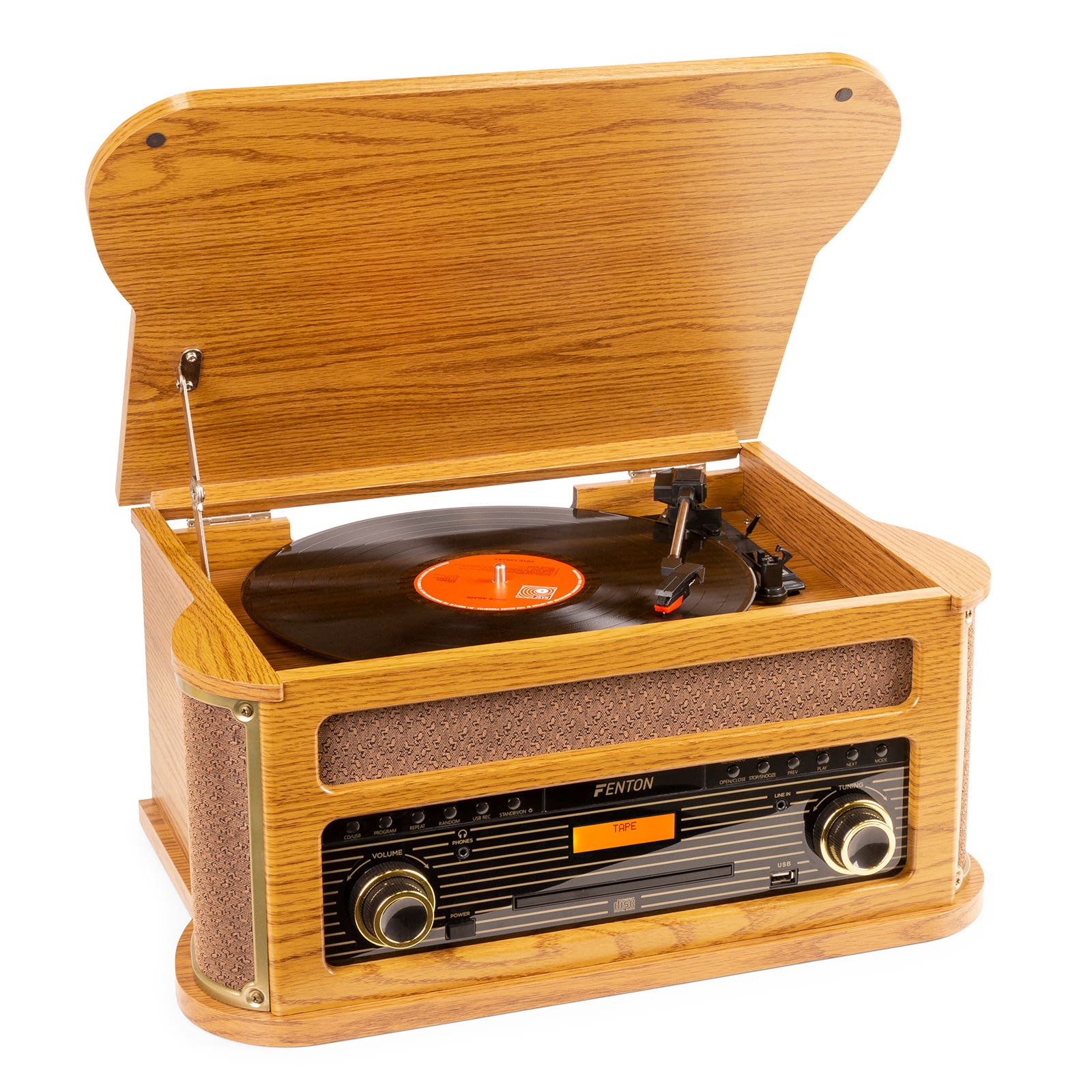 Fenton Memphis Plattenspieler mit Bluetooth, DAB & FM, CD, Kassette und MP3-Player - Holz Hell