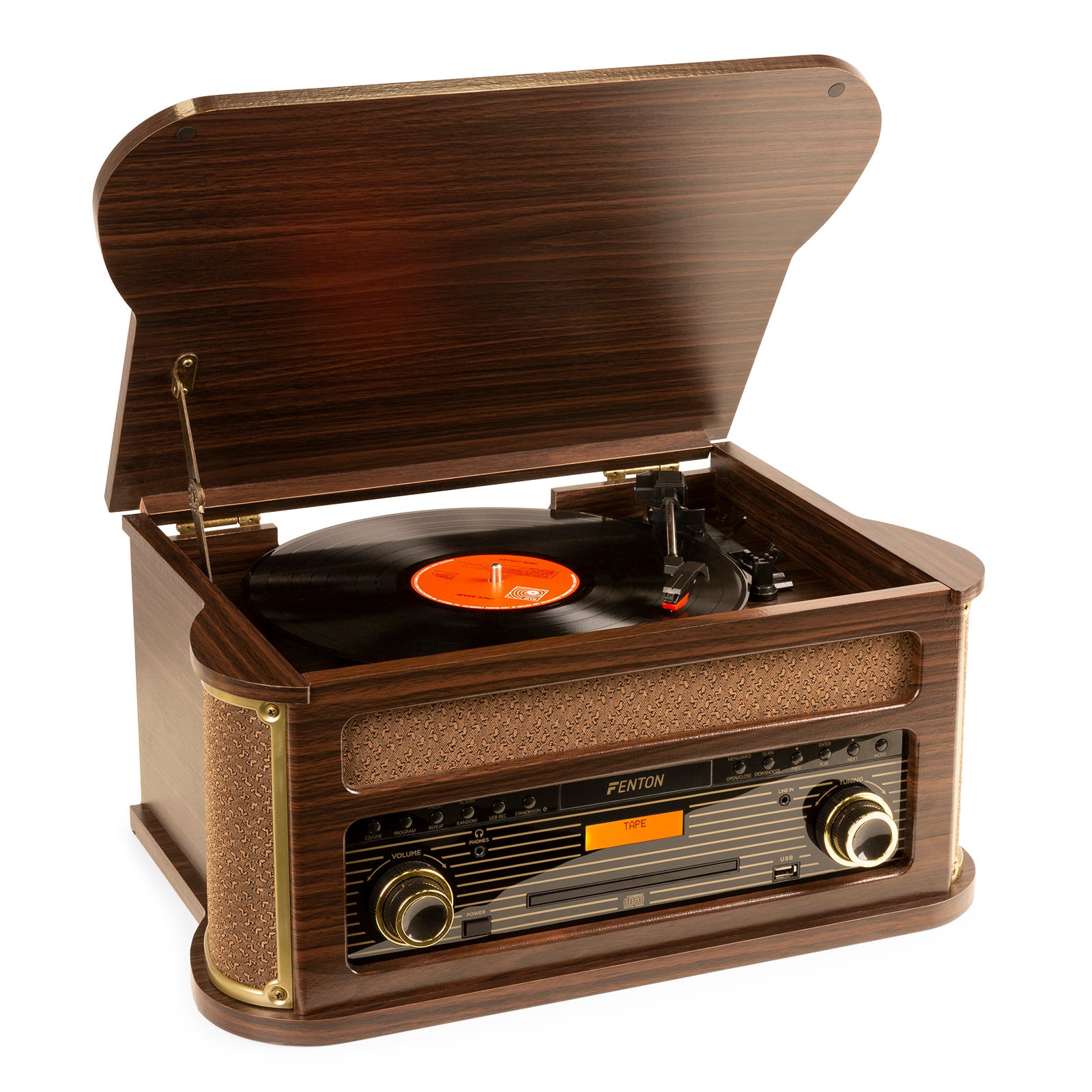 Fenton Memphis Plattenspieler - Bluetooth, DAB & FM, CD, Kassette und MP3-Player - Dunkelbraun