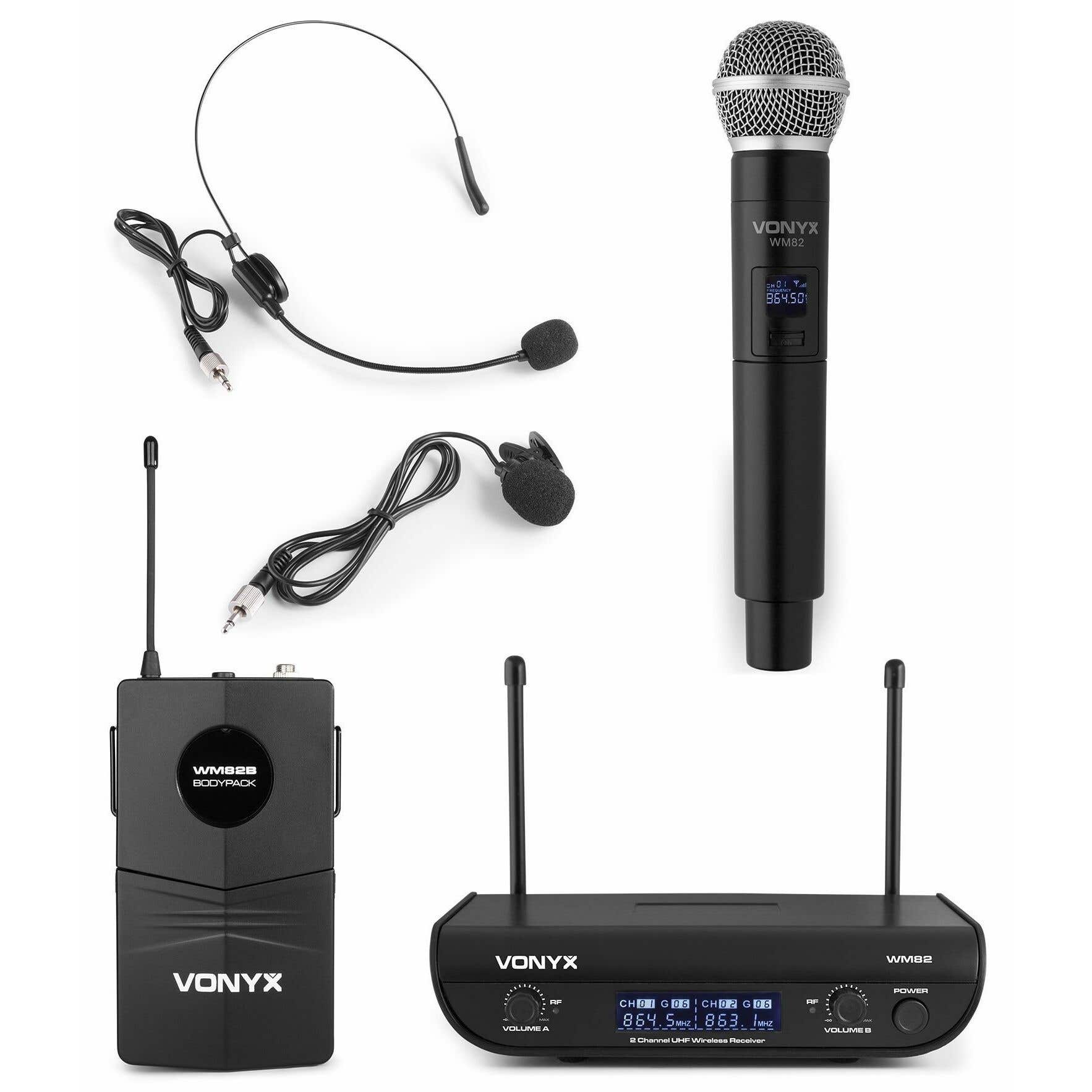Vonyx WM82C drahtloses UHF-Mikrofonset mit Handmikrofon und Headset