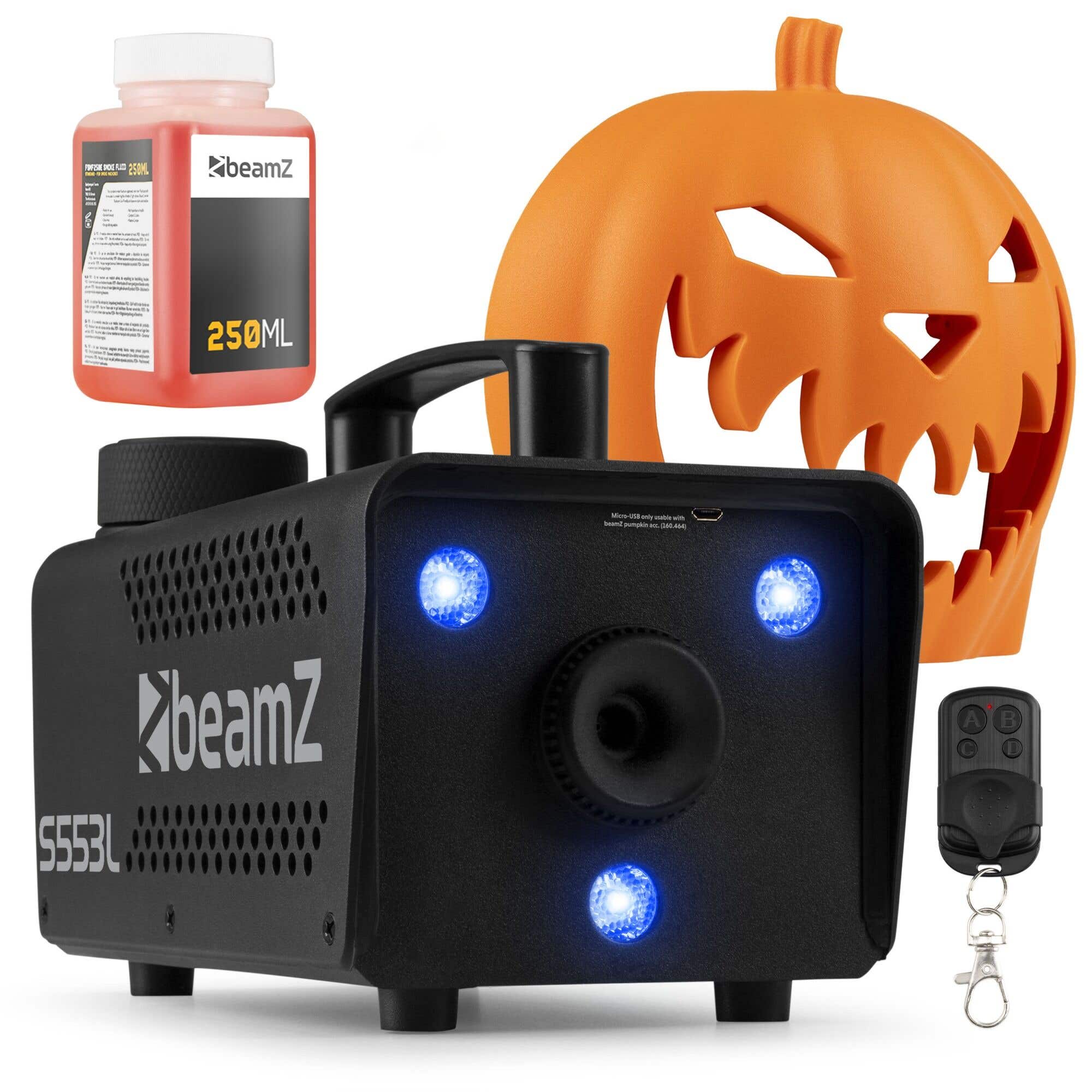 BeamZ Halloween Nebelmaschine - inkl. Nebelfluid und aufsteckbaren Kürbiskopf, LED Lichteffekt - Ideal für Halloween