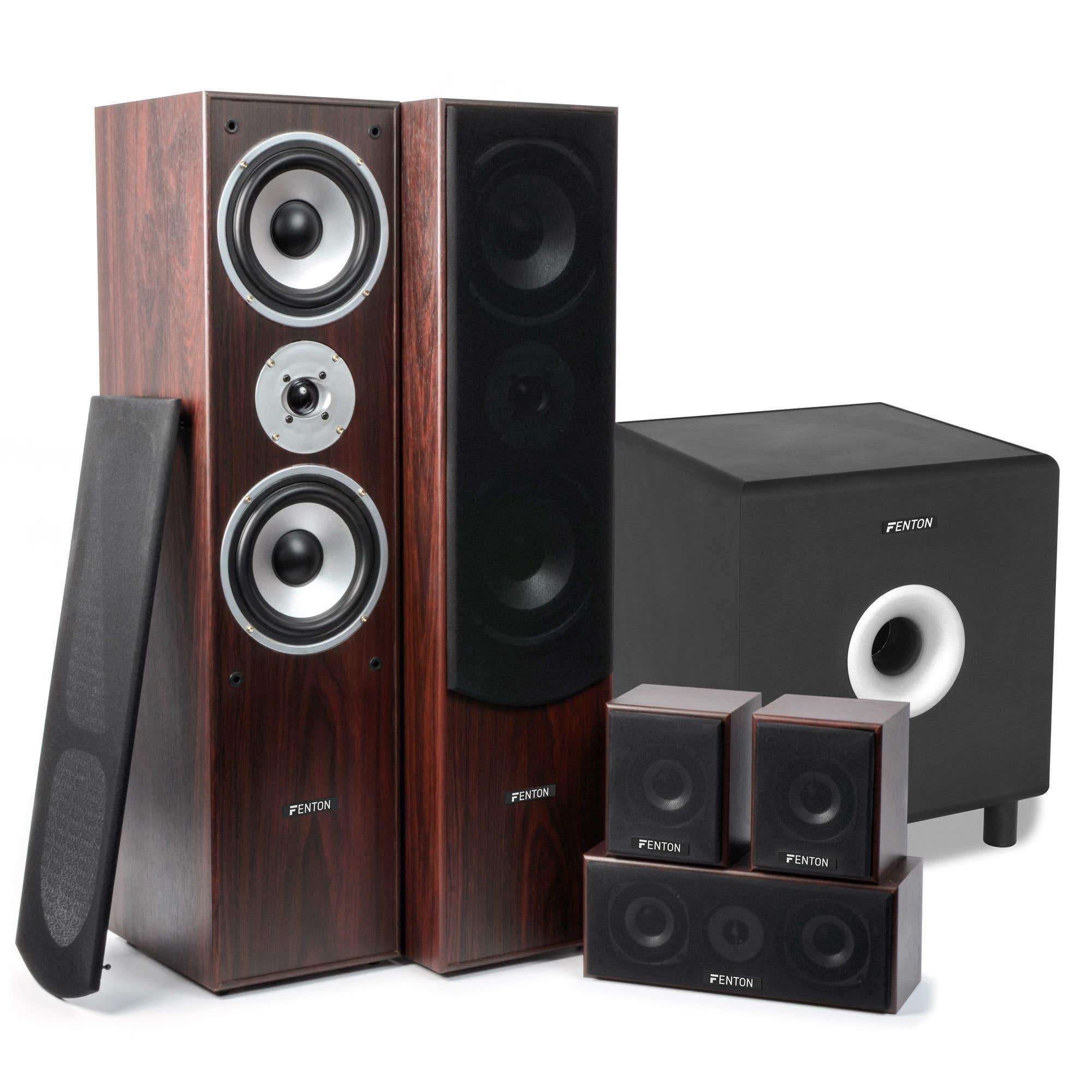 SkyTronic 5.1 Heimkino-Surround-Lautsprecherset Nussbaum 1300 W mit 10" Subwoofer