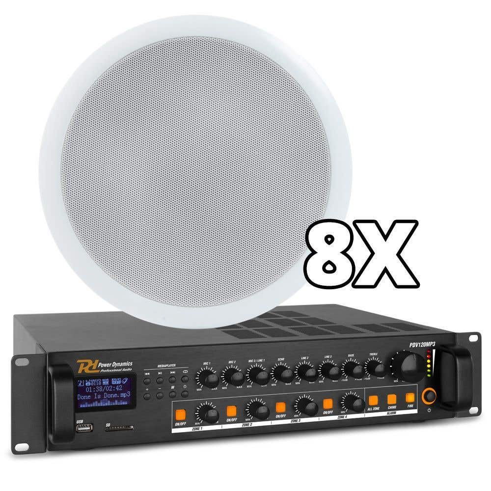 Power Dynamics 100V-Lautsprecher (8x) und 4-Zonen-Bluetooth, USB, FM-Verstärker