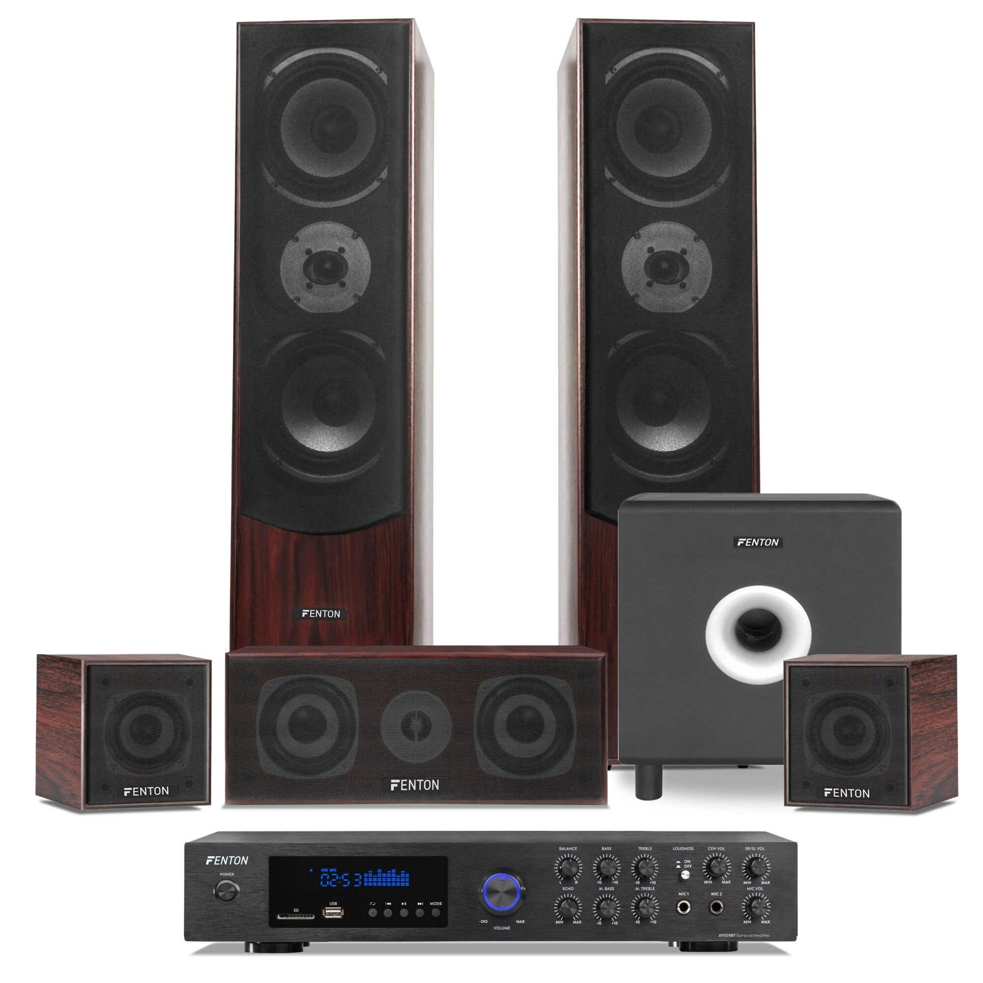 Fenton Bluetooth home cinema set met 5 speakers en 10" subwoofer - Walnoot
