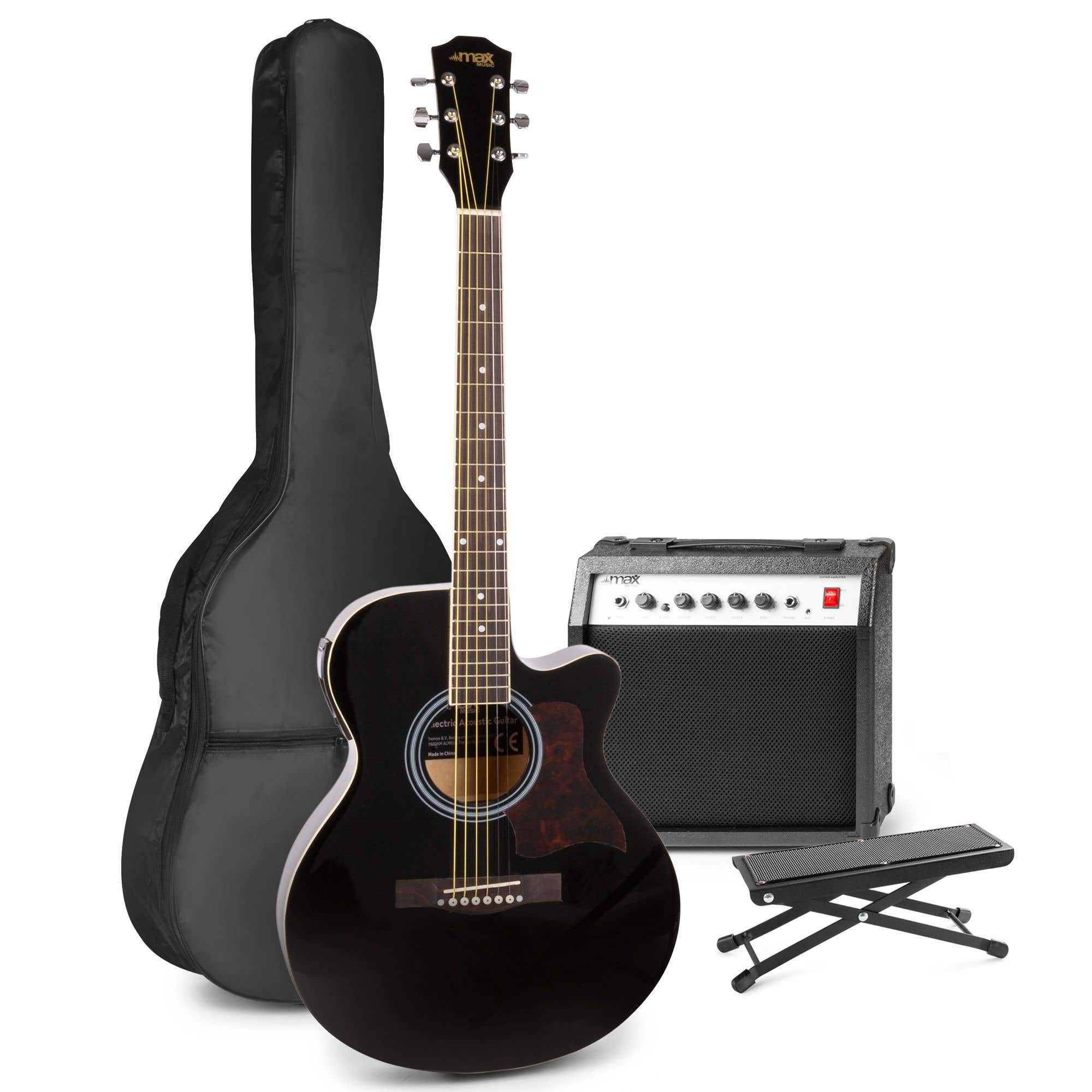 MAX ShowKit Elektro-Akustikgitarrenset mit Fußbank – Schwarz