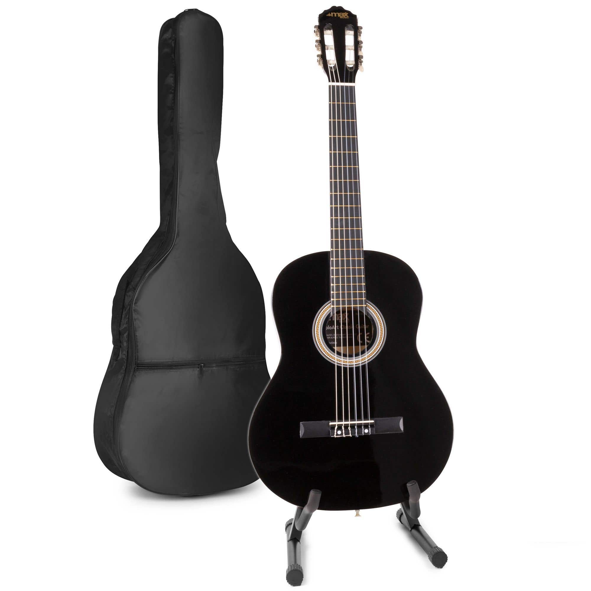 MAX SoloArt Konzertgitarre mit Gitarrenständer – Schwarz