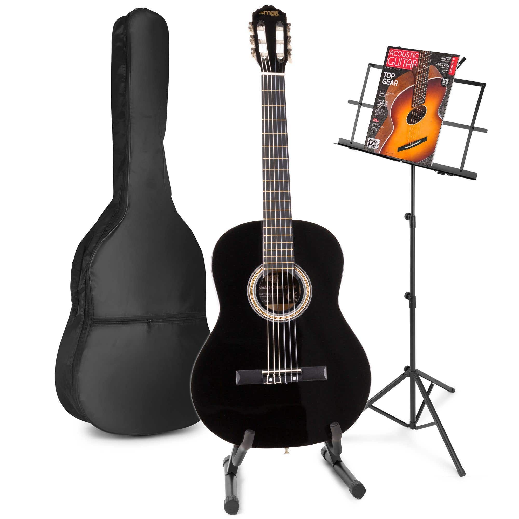 MAX SoloArt Konzertgitarre mit Noten und Gitarrenständer – Schwarz
