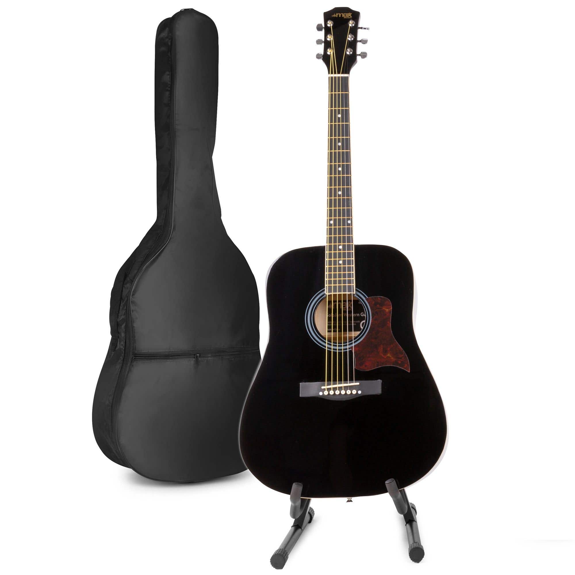 MAX SoloJam Westerngitarren-Starterset mit Gitarrenständer – Schwarz