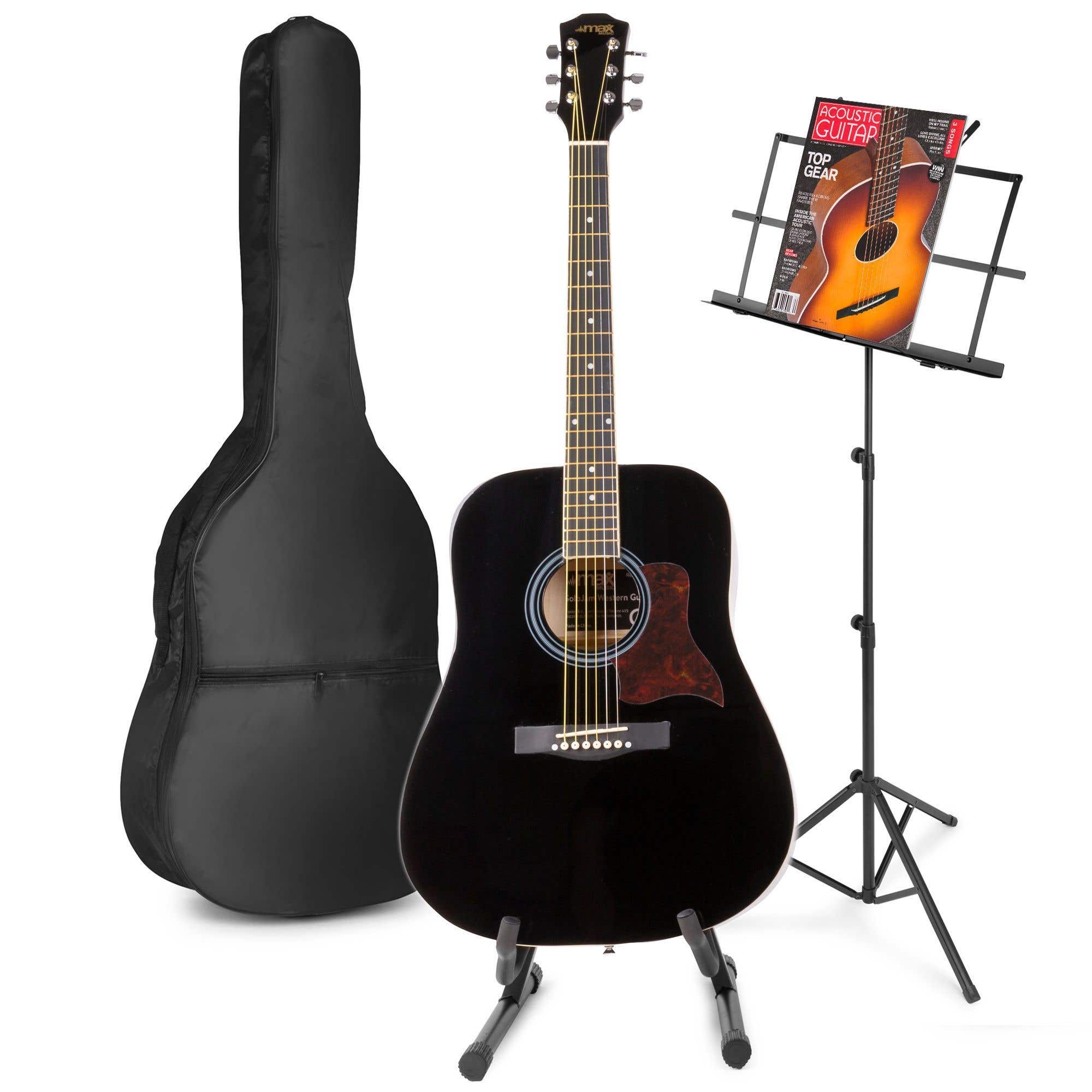 MAX SoloJam Westerngitarre mit Noten und Gitarrenständer – Schwarz