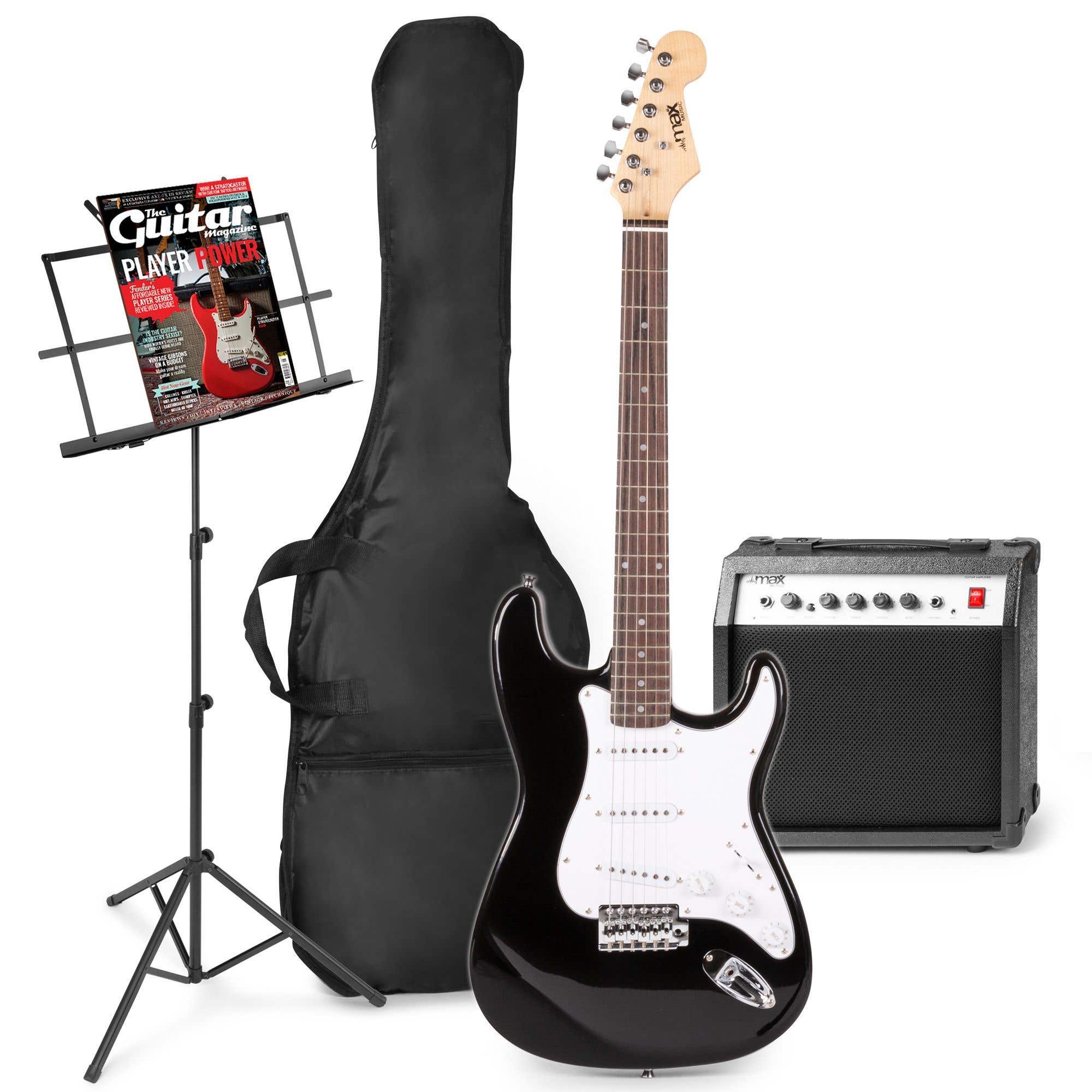MAX GigKit E-Gitarrenset inklusive Notenständer – Schwarz