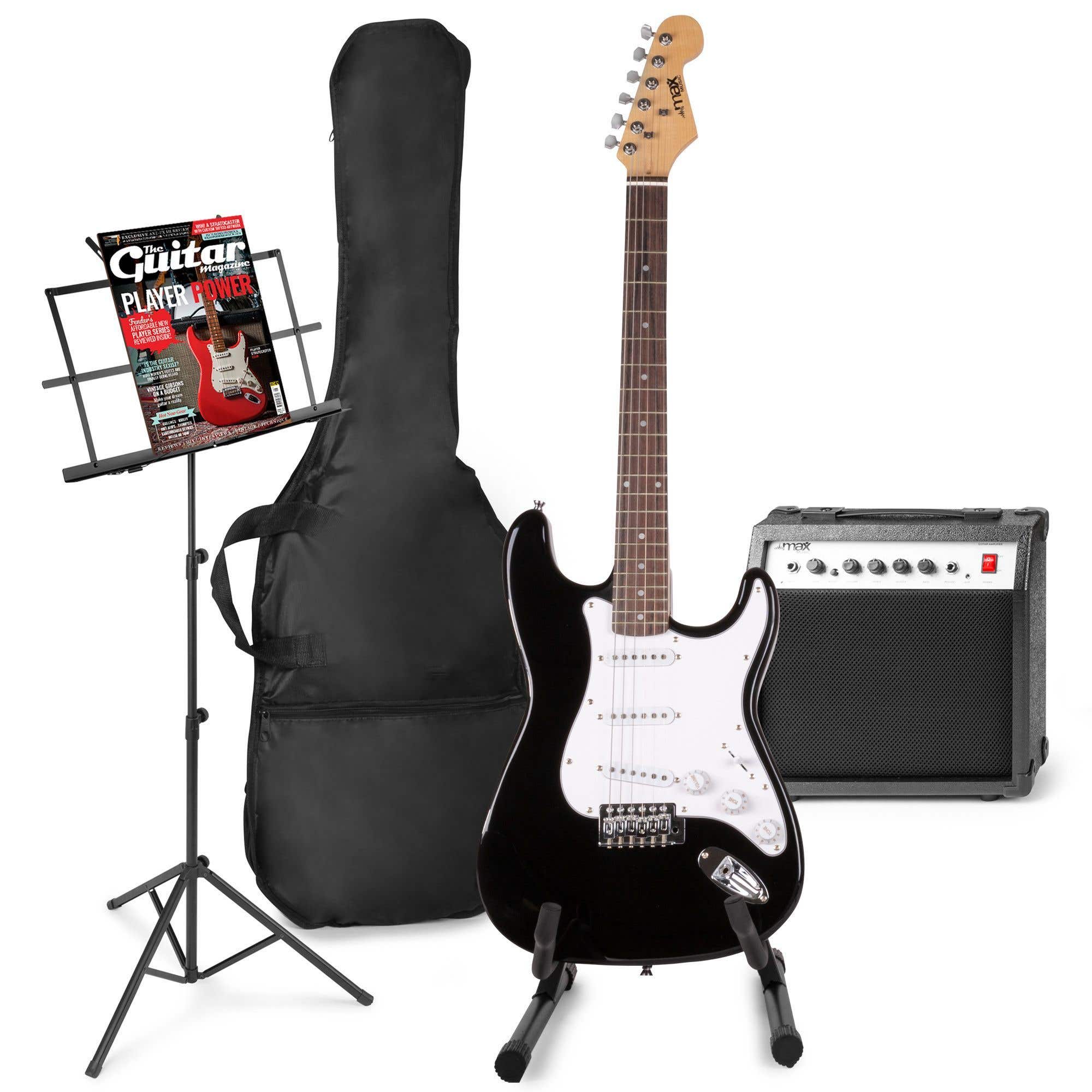 MAX GigKit E-Gitarrenset inklusive u. a. Noten und Gitarrenständer – Schwarz
