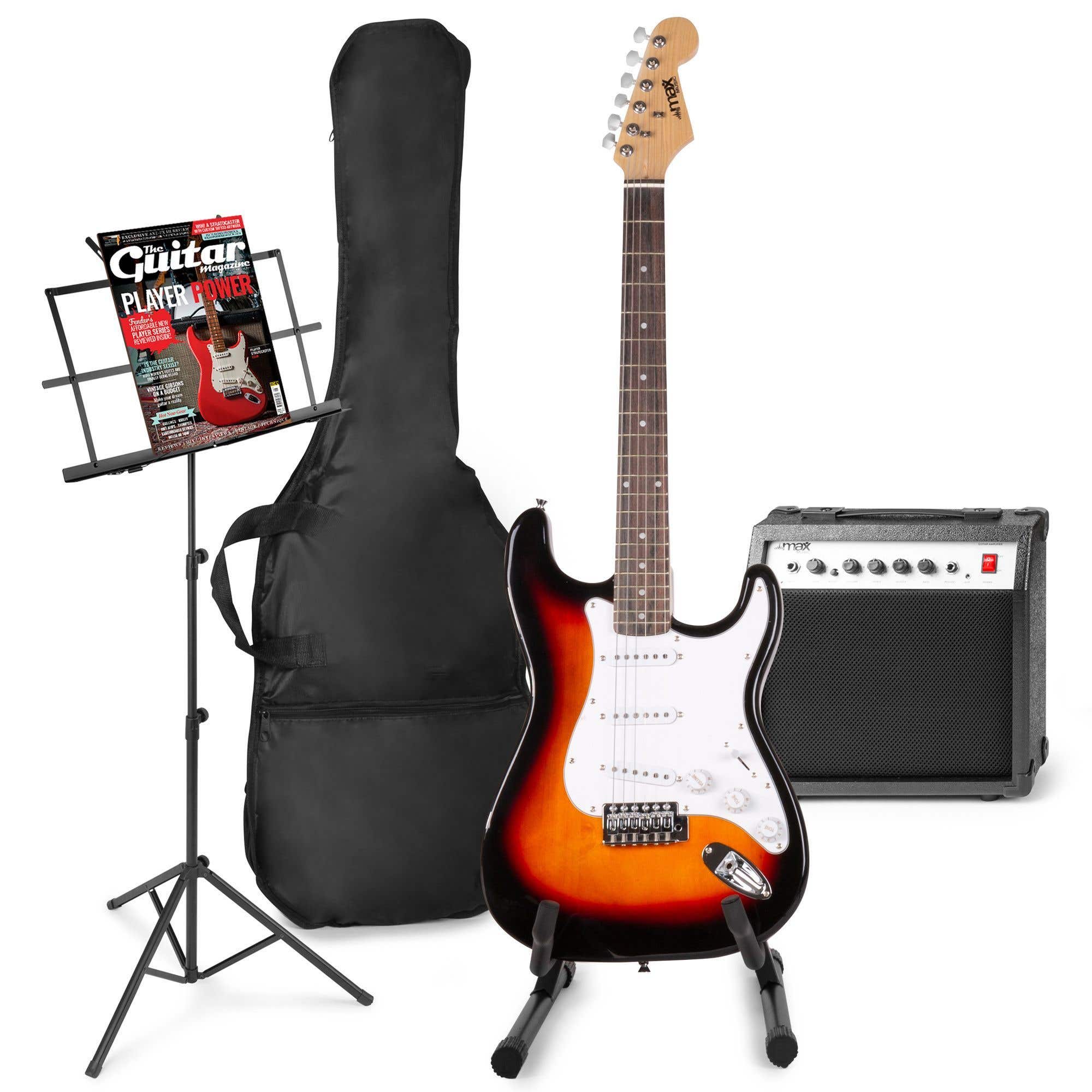 MAX GigKit E-Gitarrenset inklusive u. a. Noten und Gitarrenständer – Sunburst