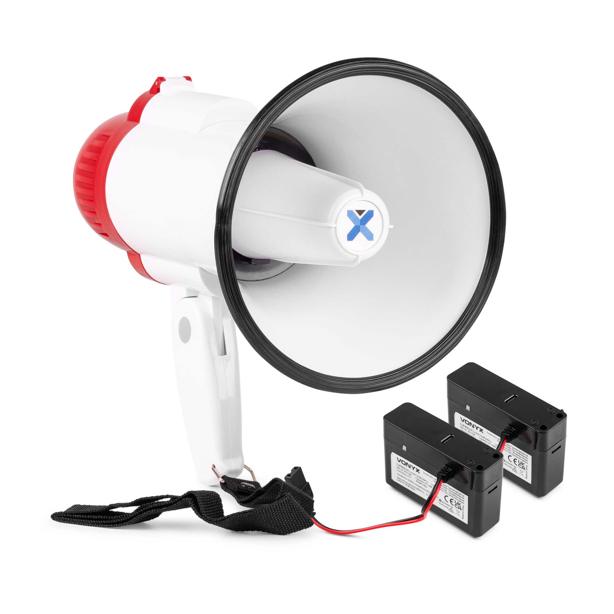 Vonyx MEG025 Megafon mit 2x Lithium-Ionen-Akkus - 25W Megaphon mit Sirene und Bluetooth - Rot-weiß