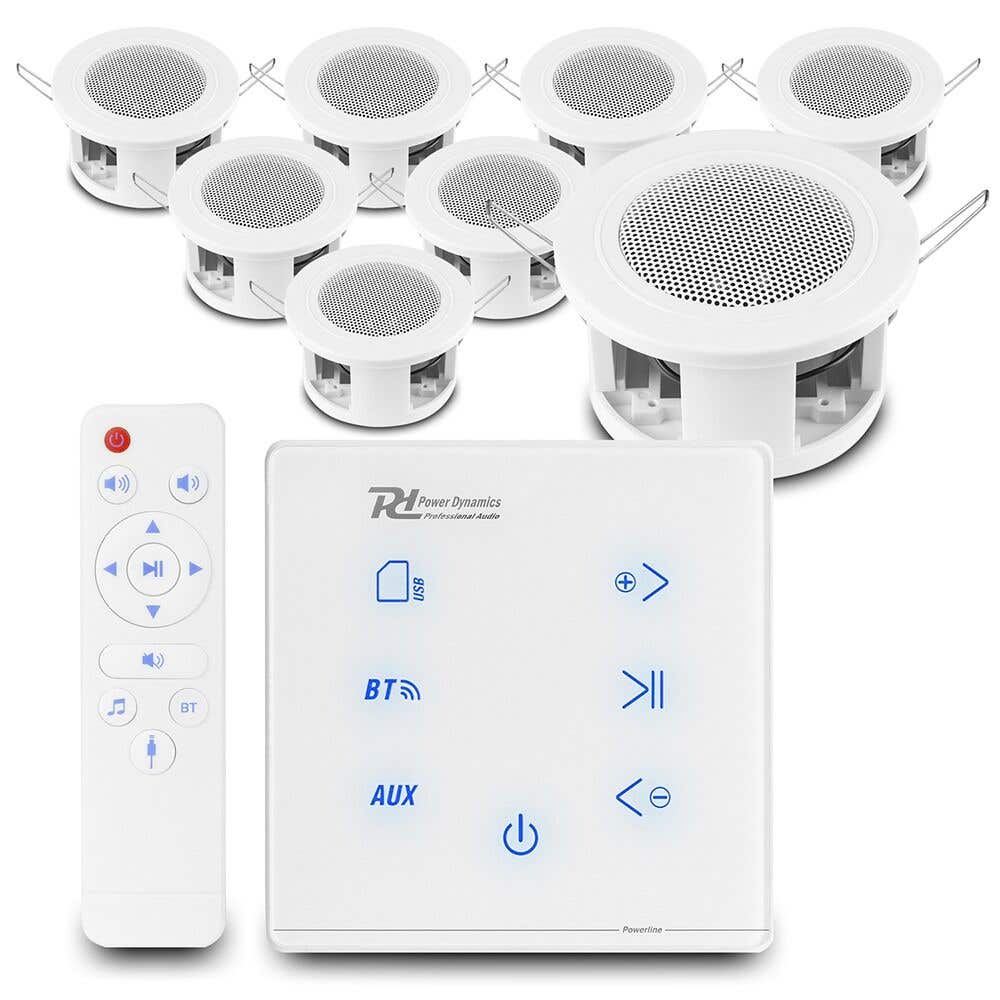 Power Dynamics CSBA3L Deckenlautsprecher 8er Set - A100W Einbauverstärker - Bluetooth - 4x 20W