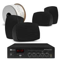 Power Dynamics 100V Outdoor Lautsprecher Set – 4x wasserdichte Lautsprecher & Verstärker – Schwarz