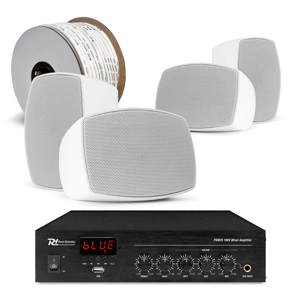 Power Dynamics 100V Outdoor Lautsprecher Set – 4x wasserdichte Lautsprecher & Verstärker – Weiß