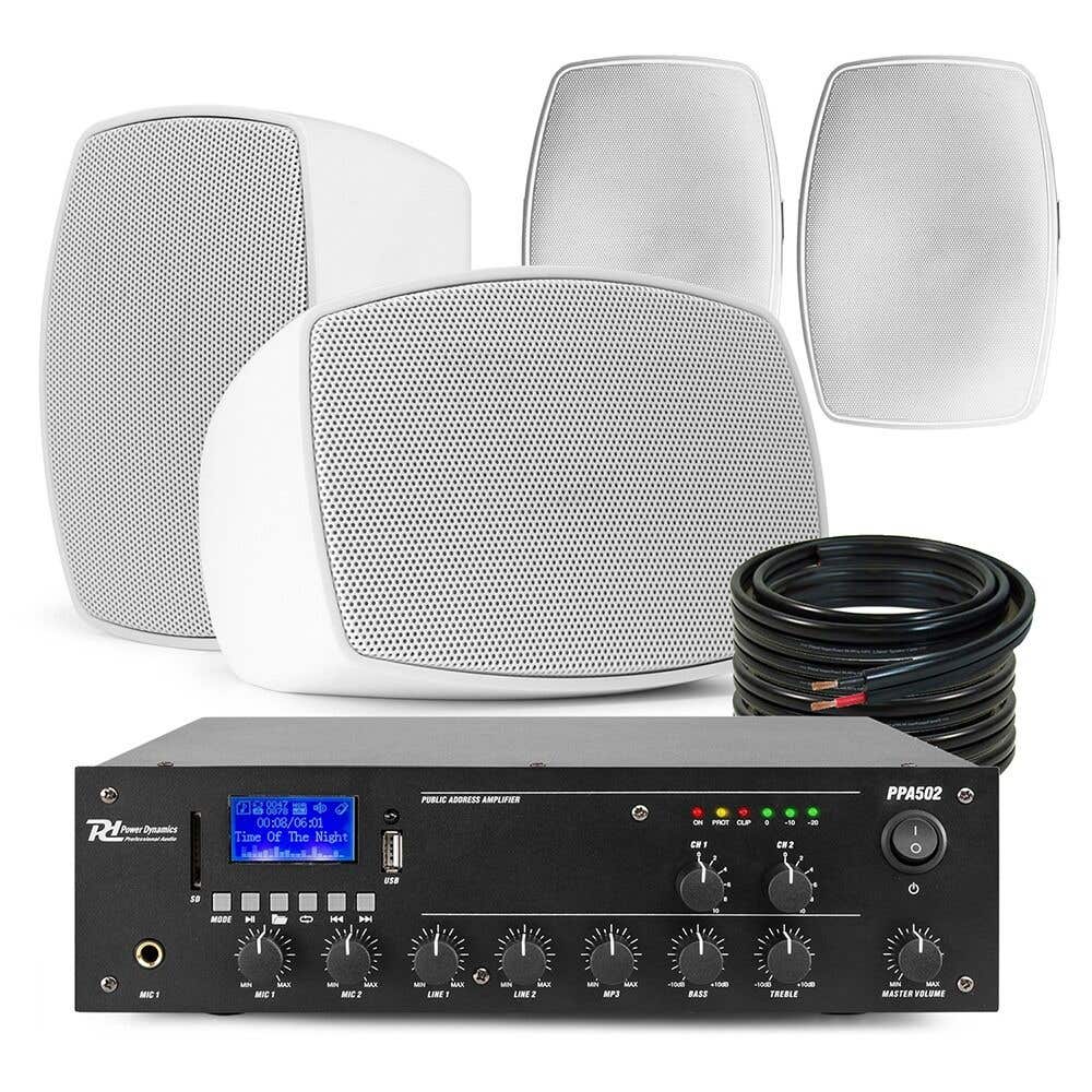 Power Dynamics Set mit 4 Outdoor Lautsprechern & 2 Zonen 100V Verstärker mit Bluetooth – Weiß