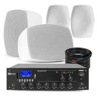 Power Dynamics Set mit 4 Outdoor Lautsprechern & 2 Zonen 100V Verstärker mit Bluetooth – Weiß