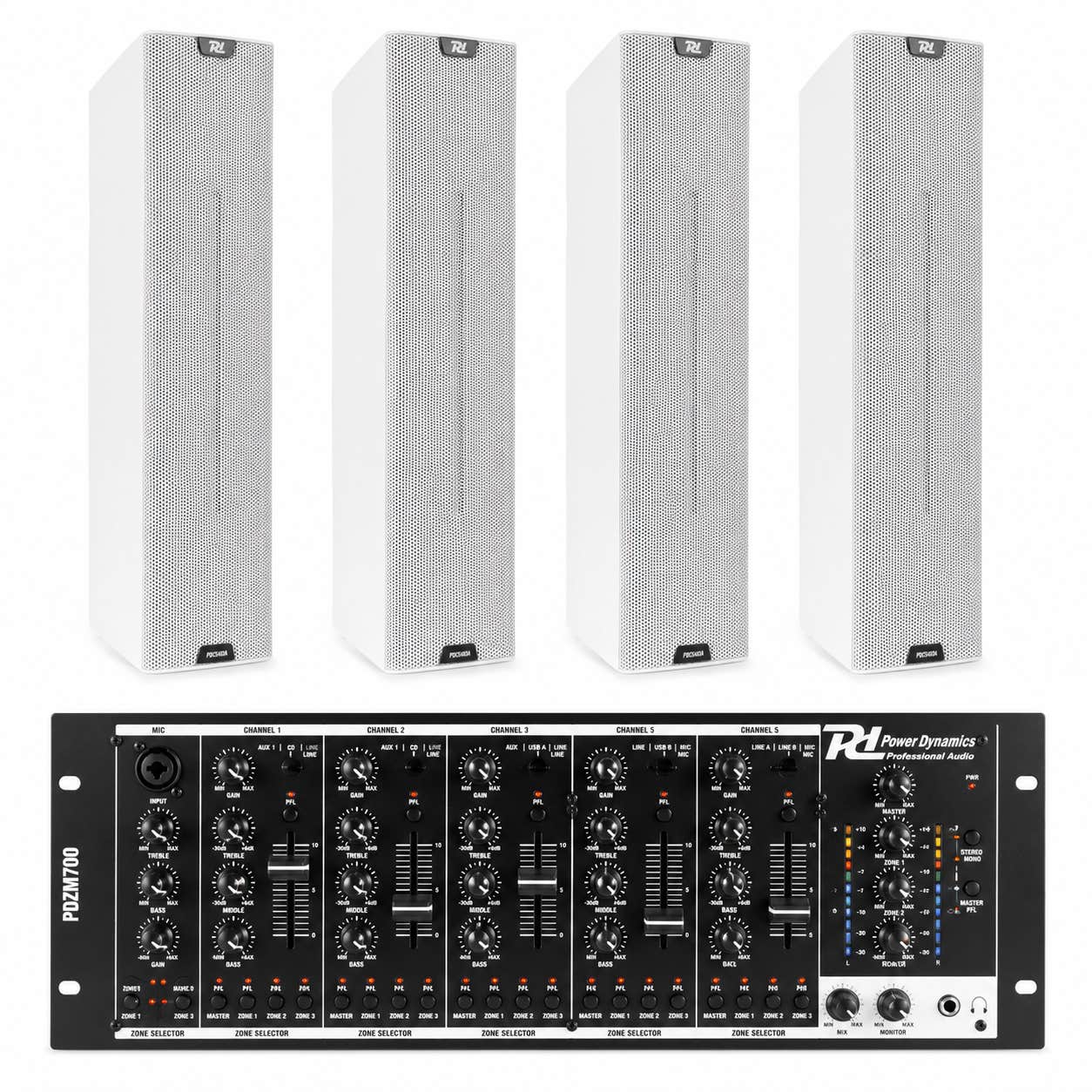 Power Dynamics PA-Anlage für Gastronomie - 4 Aktivlautsprecher und Mixer - Weiß