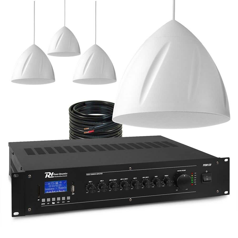Power Dynamics 100V Soundsystem mit 4 hängenden Deckenlautsprechern und Verstärker - 120W - Weiß