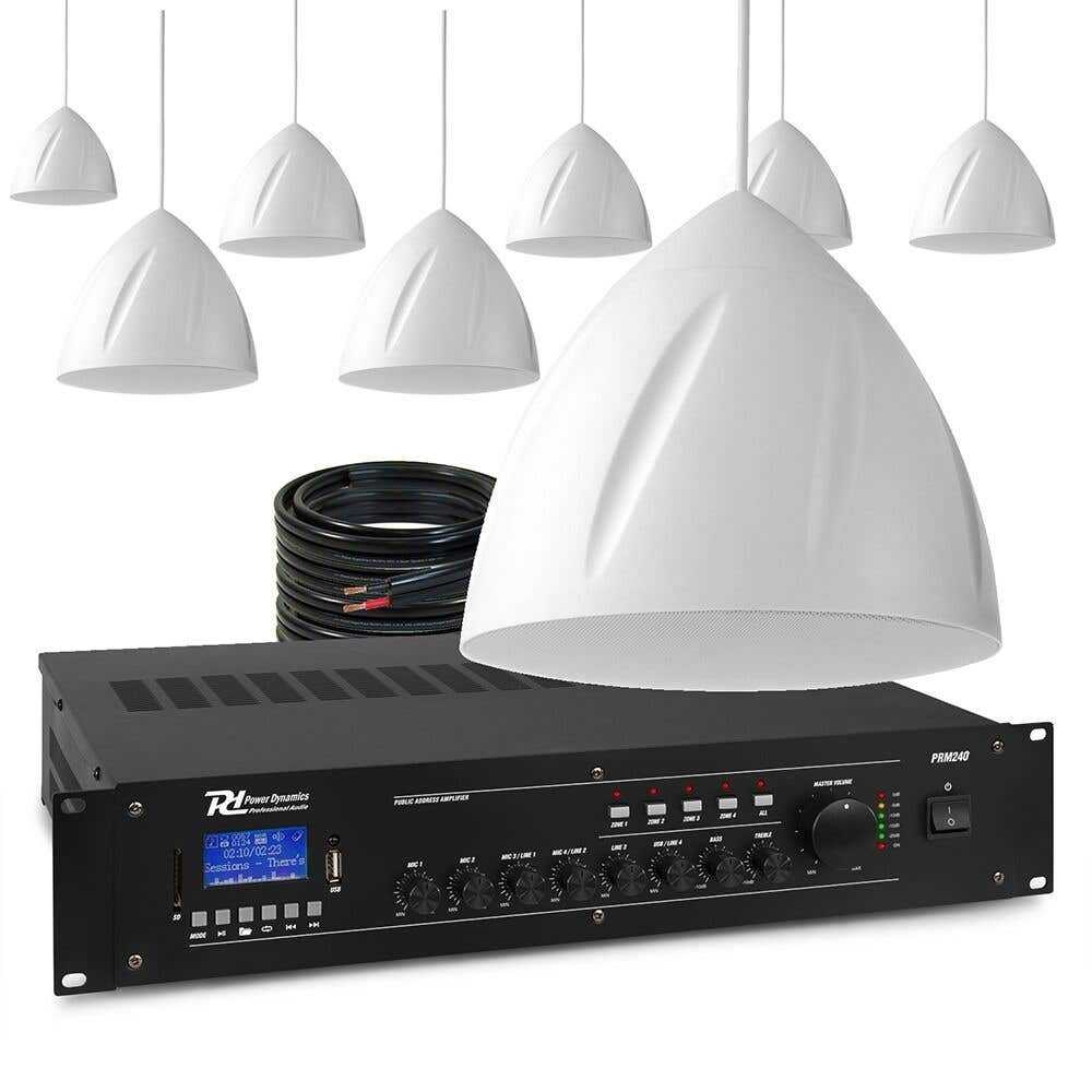 Power Dynamics 100V Pendellautsprecher Set - 8 Hängelautsprecher und Verstärker - 240W - Weiß