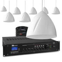 Power Dynamics 100V Pendellautsprecher Set - 8 Hängelautsprecher und Verstärker - 240W - Weiß