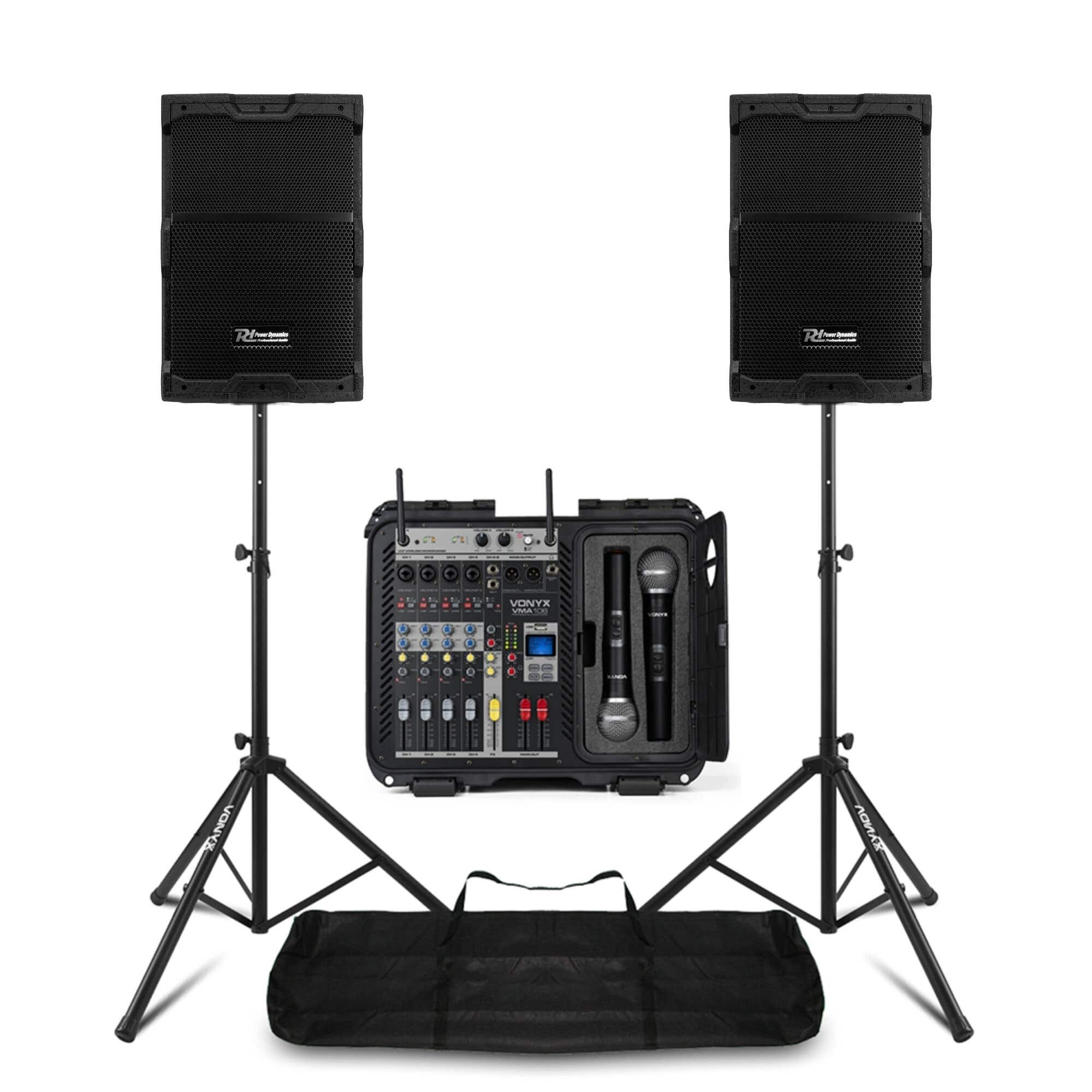 Power Dynamics PA-Set 10" 1200W – Komplett mit Bluetooth-Mixer, 2 UHF-Funkmikrofonen & Stativen