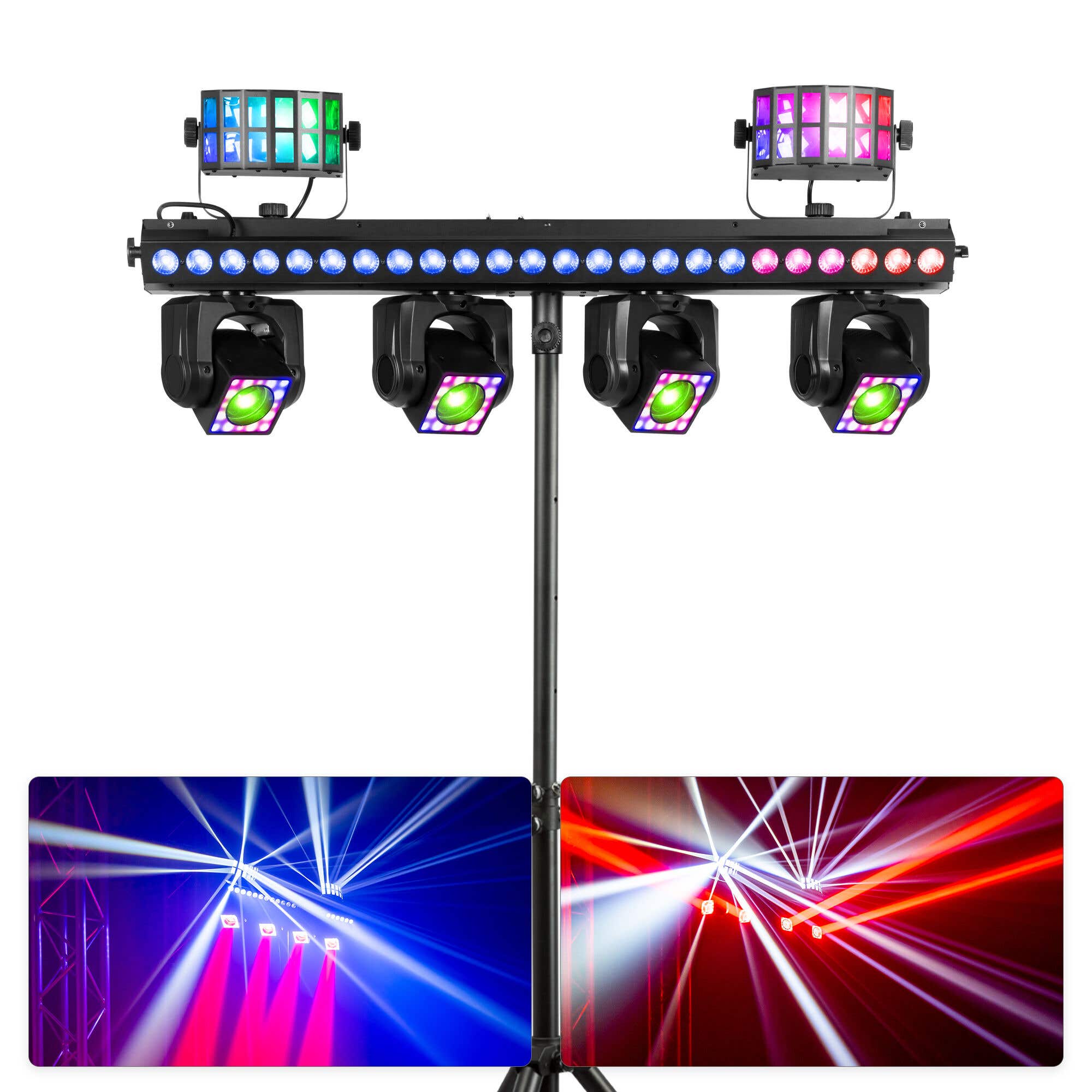 BeamZ ShowBar GO Ultra - Moving Head Bar mit Stativ - 4 Moving Heads, LED Bar & Derby-Effekte - RGBW