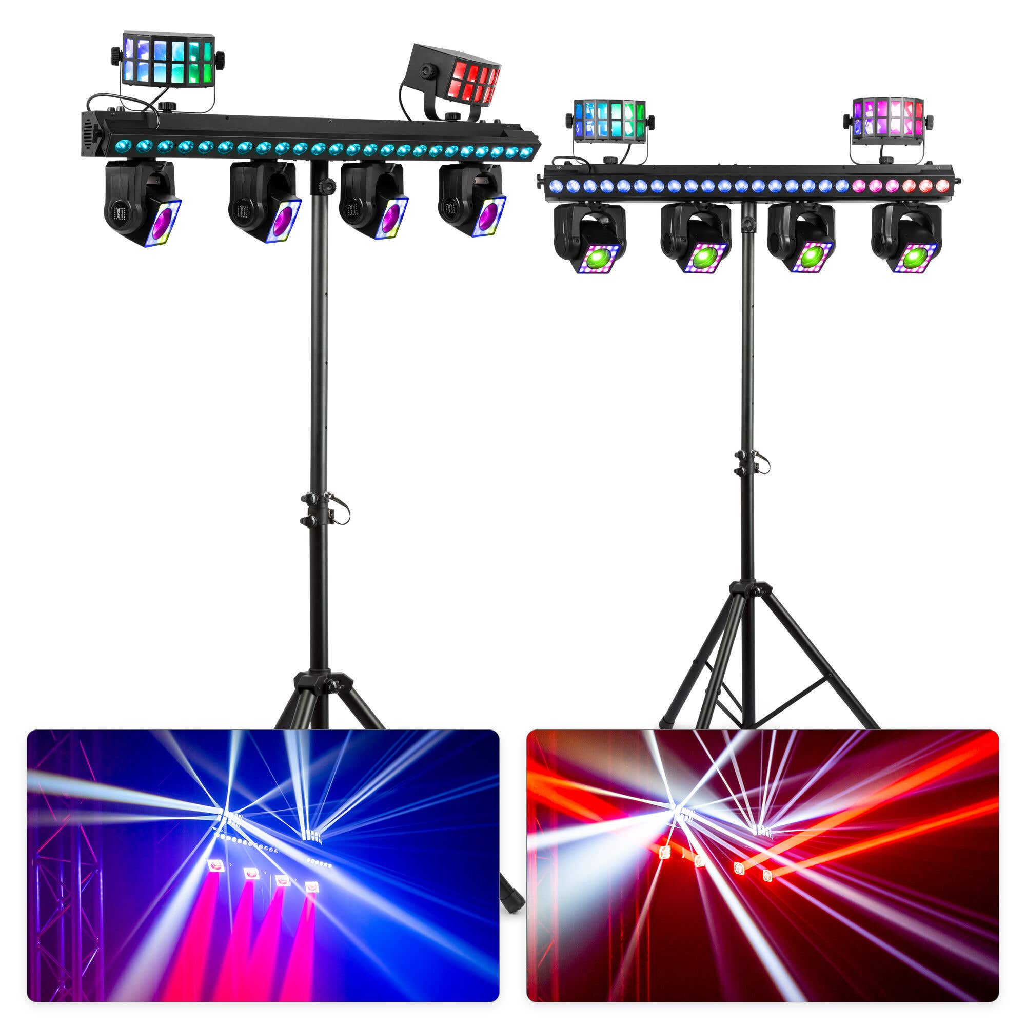 BeamZ ShowBar GO Ultra - RGBW Moving Head Bar & Stativen - 4 Moving Heads, LED Bar & Derby - 2er Set