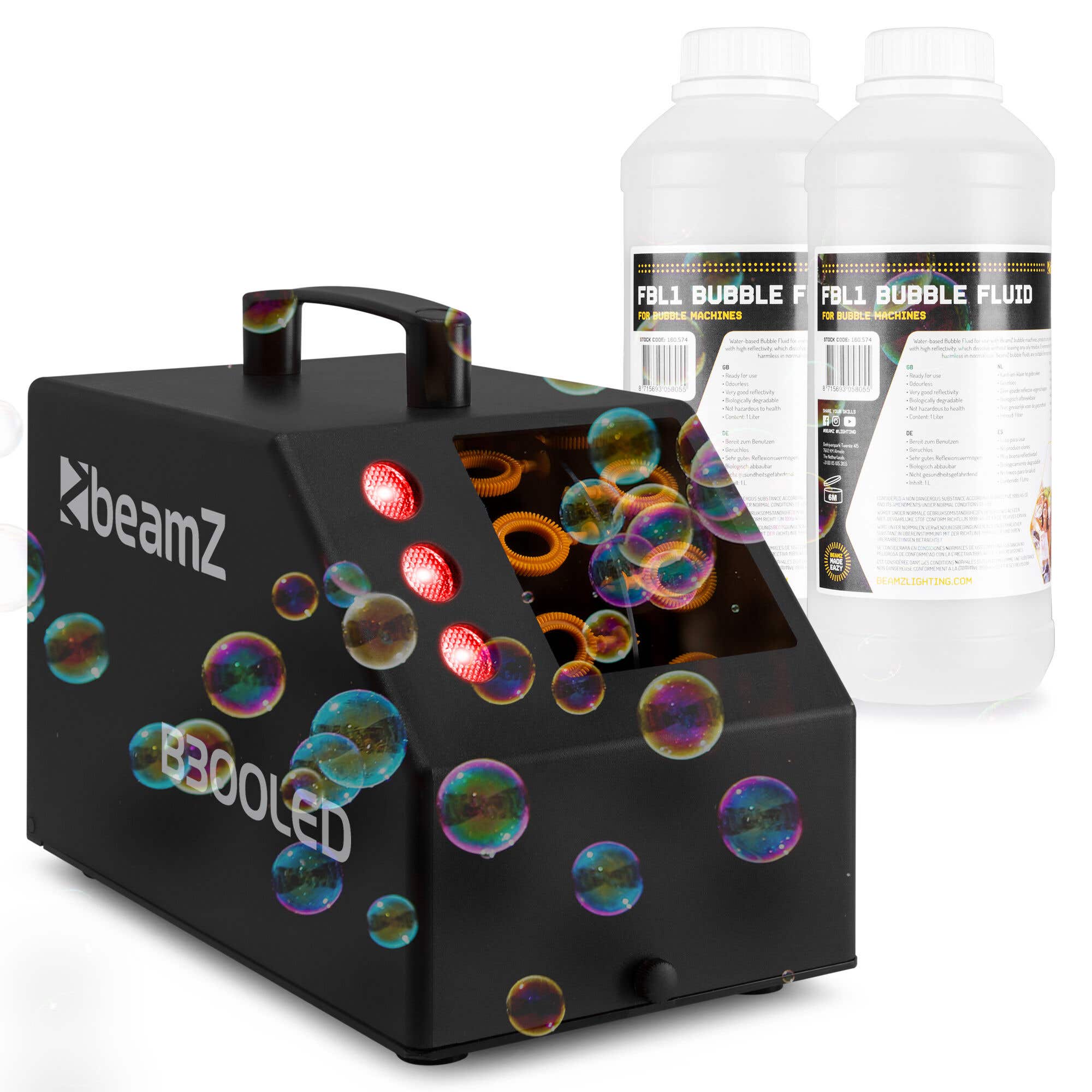 BeamZ B300LED Seifenblasenmaschine Set mit 2L Fluid & Fernbedienung - 3 RGB LEDs - Schwarz