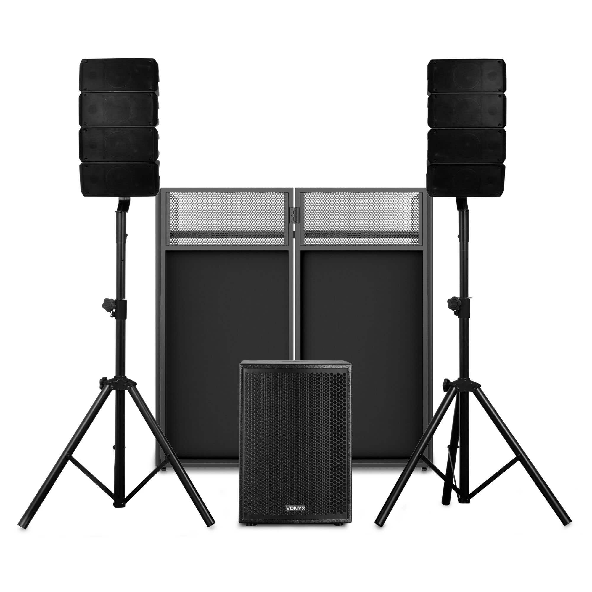 Vonyx VX915 DJ Set mit Line Array Lautsprechern – PA Anlage mit Stativen & DJ Pult – 1400W